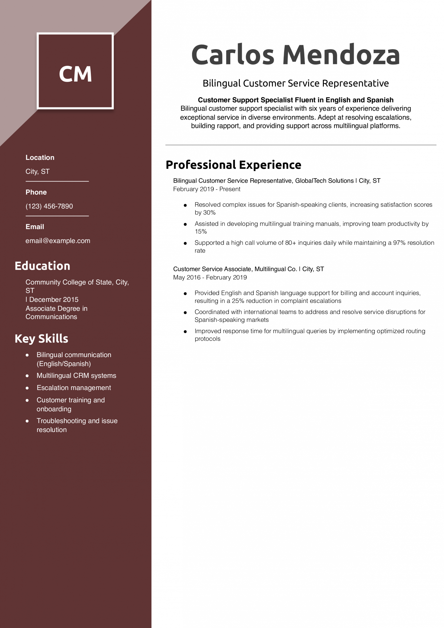 Bilingual Customer Service Representative Resume Example