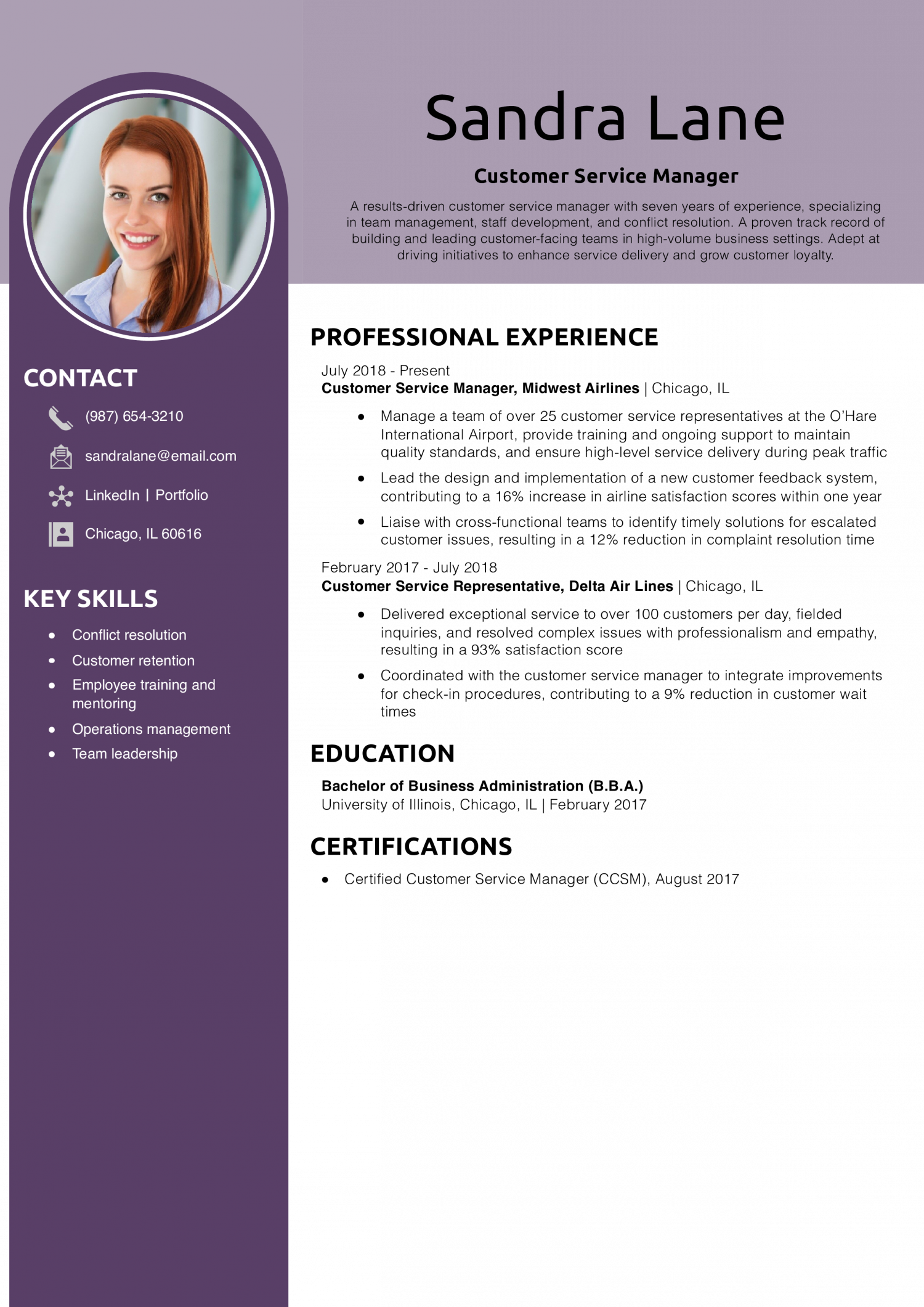 Customer Service Manager Resume Example
