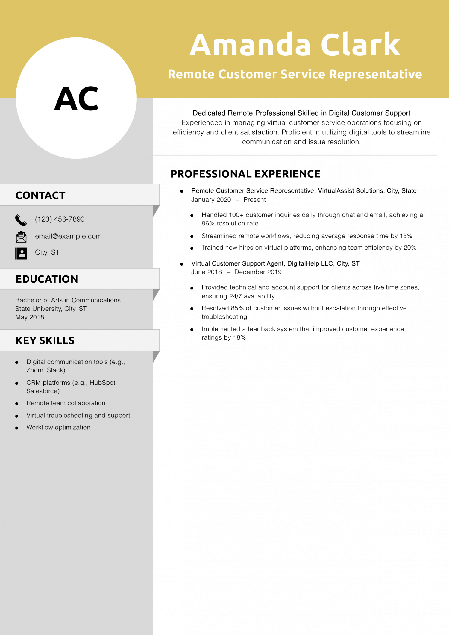 Remote Customer Service Representative Resume Example