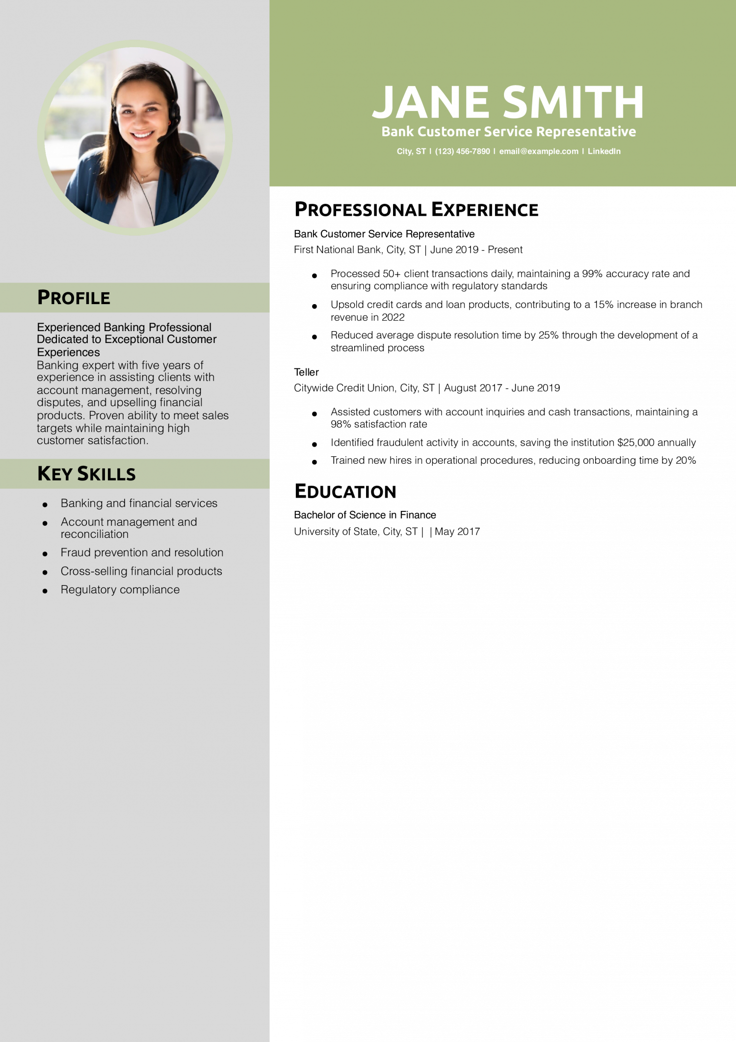 Bank Customer Service Representative Resume Example