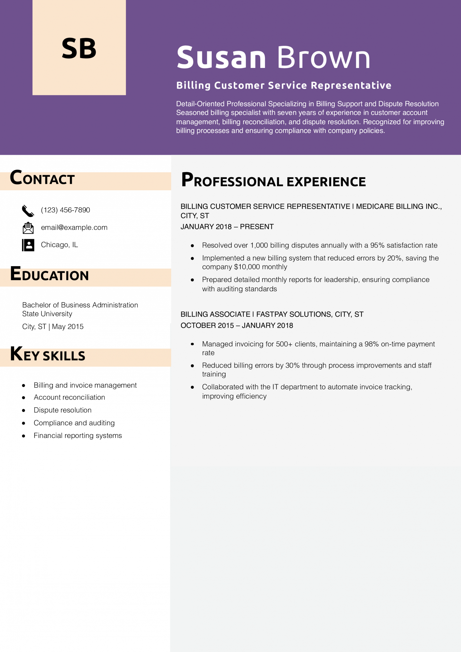 Billing Customer Service Representative Resume Example