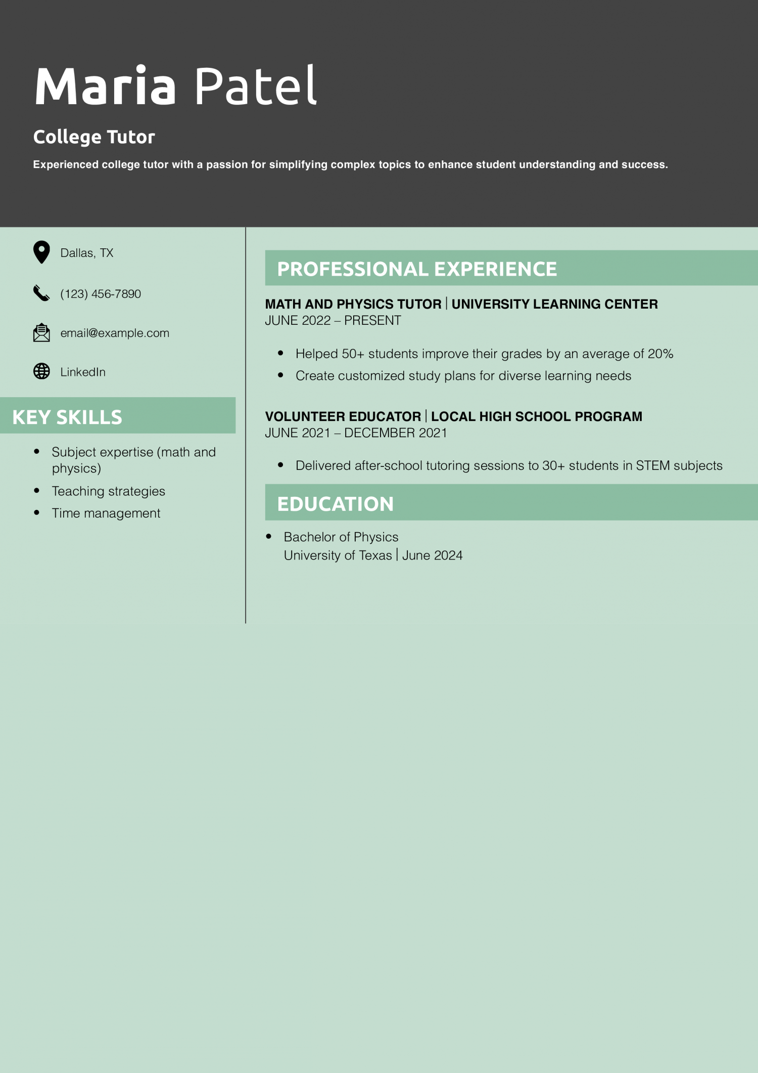 College Tutor Resume Example