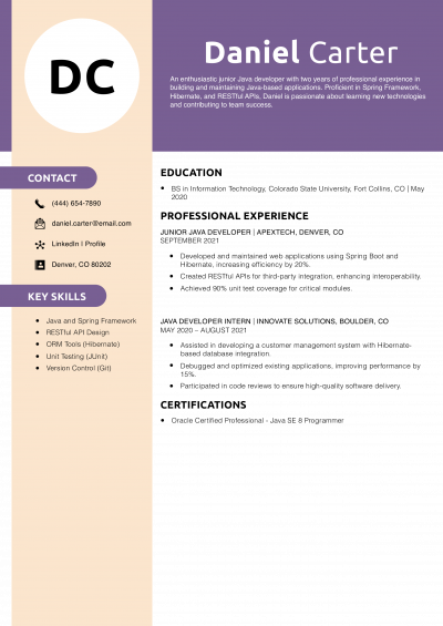Junior Java Developer Resume Example