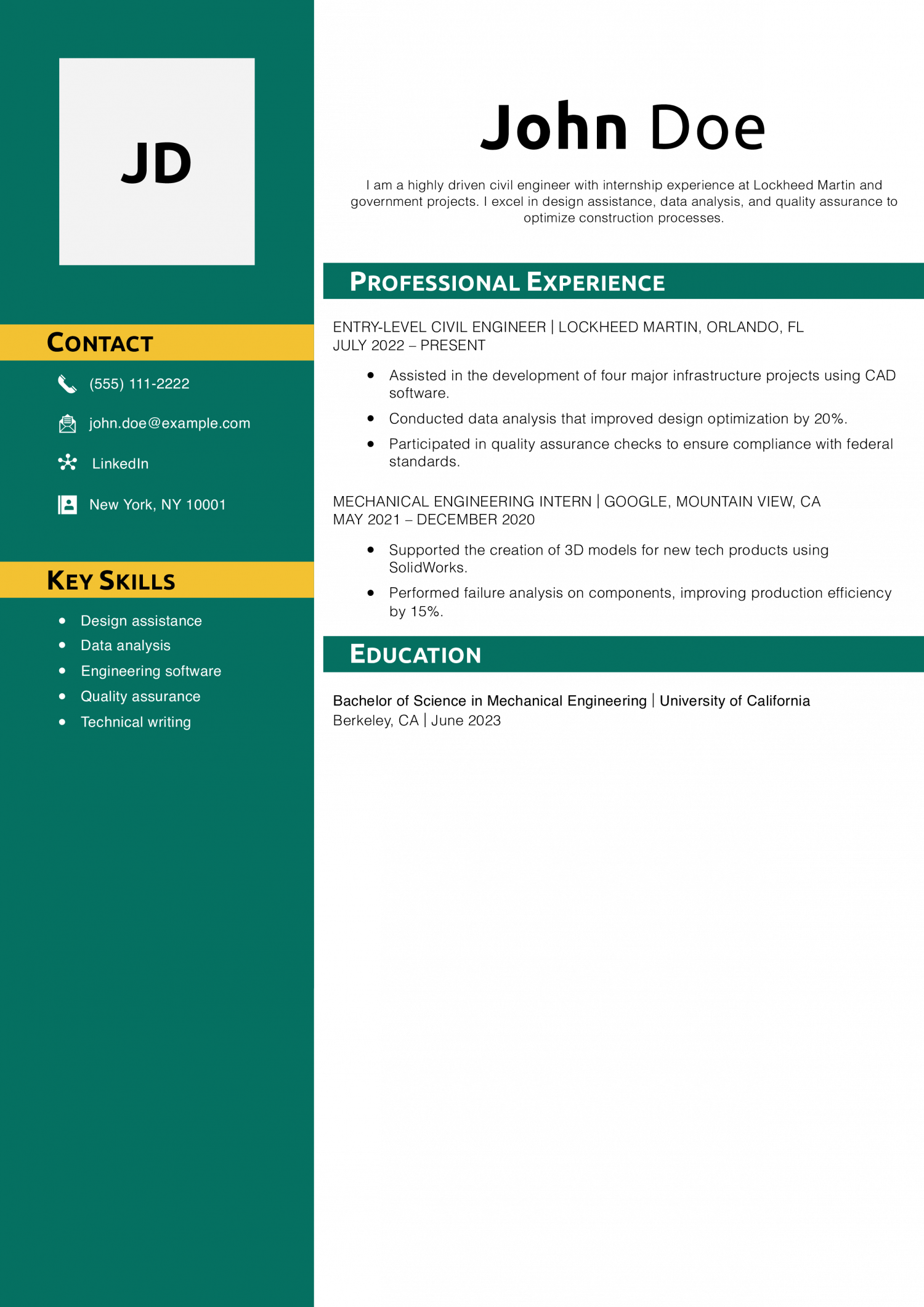 Entry-Level Civil Engineer Resume Example