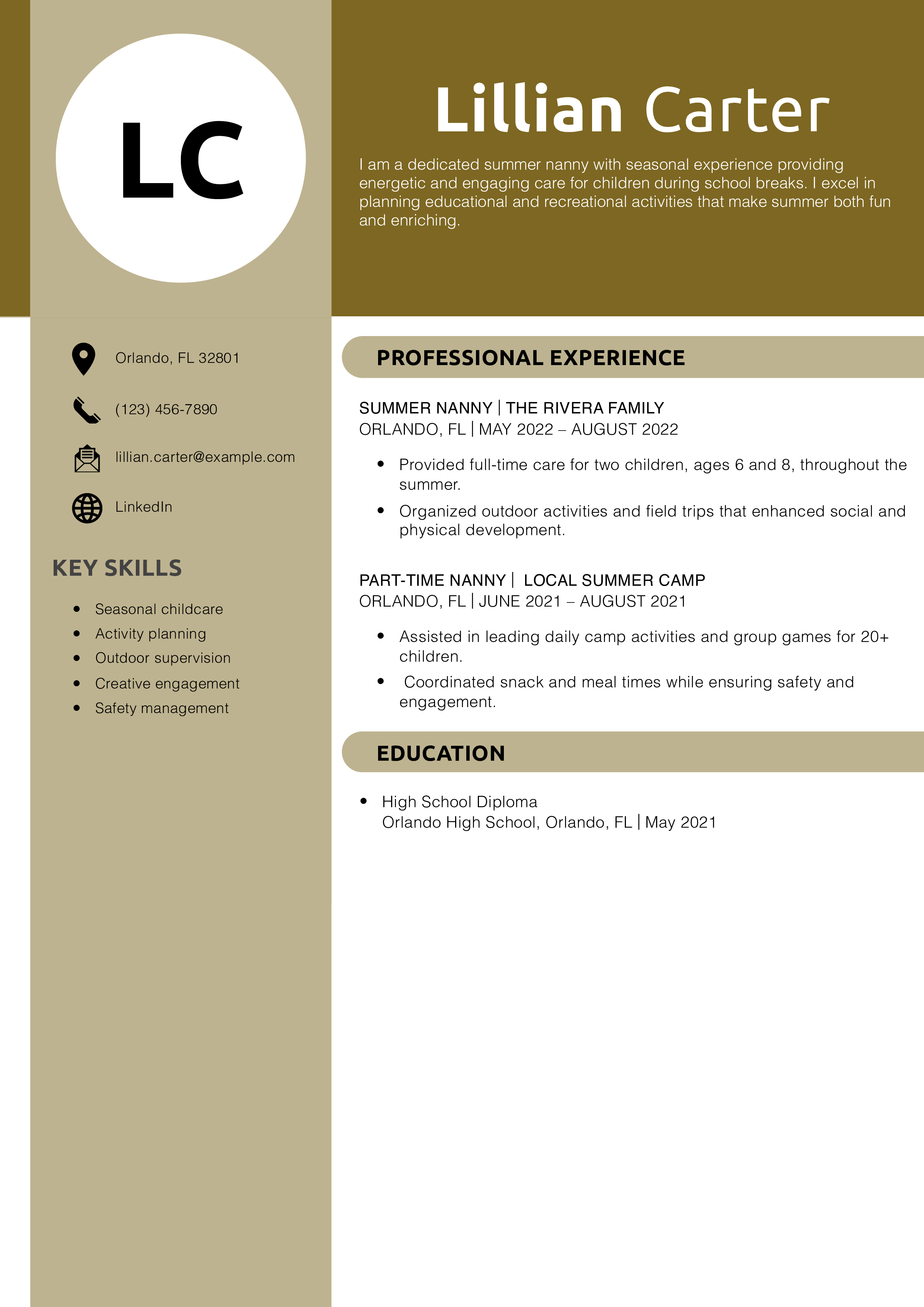 Summer Nanny Resume Templates