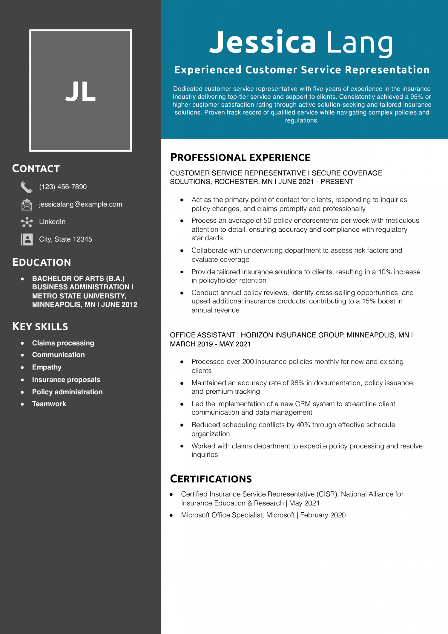 Experienced Customer Service Representation Resume Example
