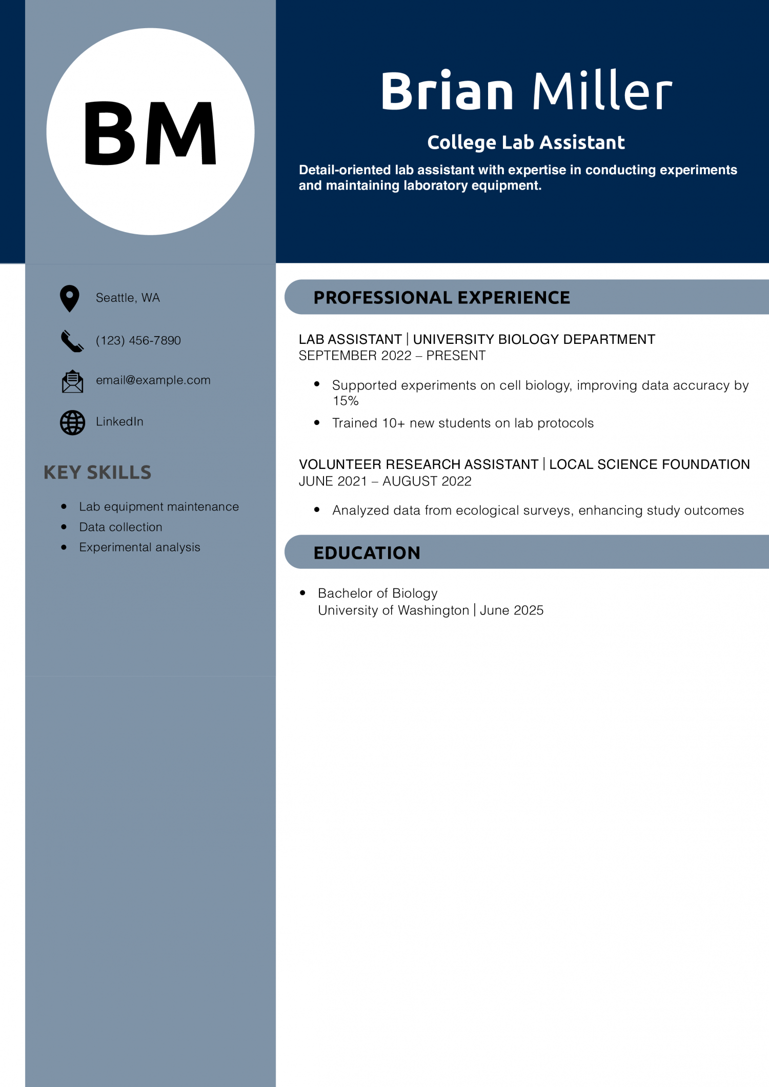 College Lab Assistant Resume Example