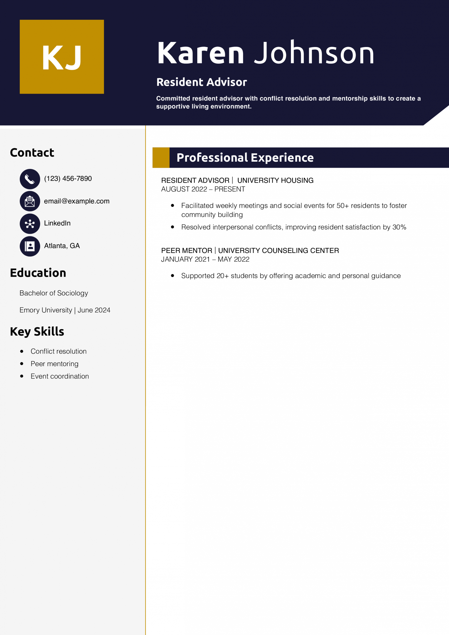 Resident Advisor Resume Example