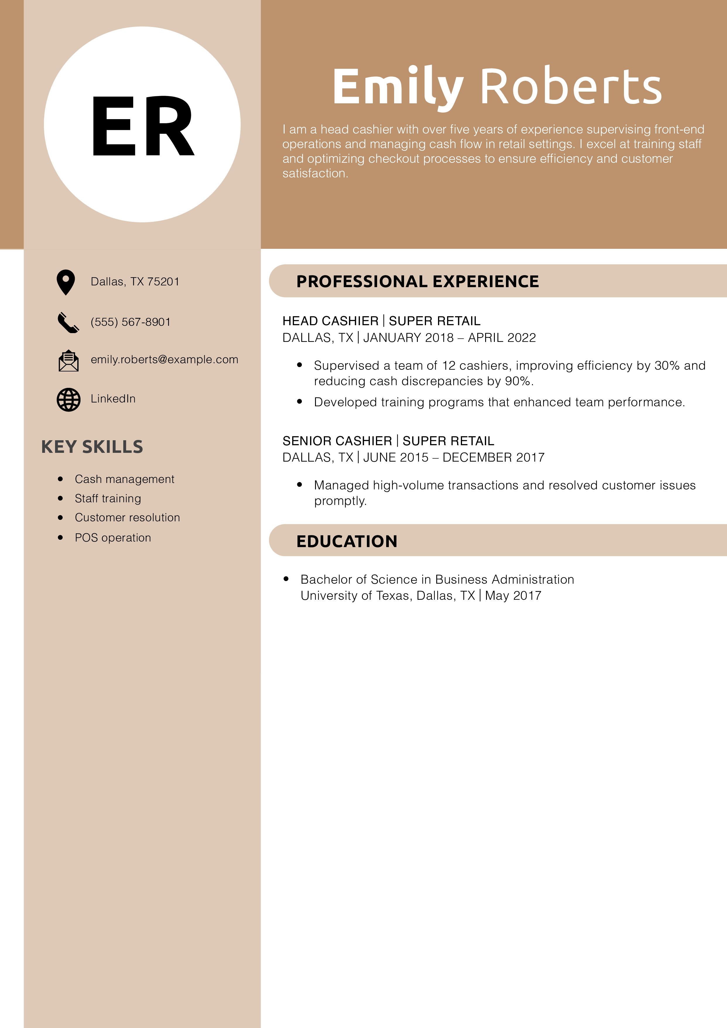 Head Cashier Resume Templates