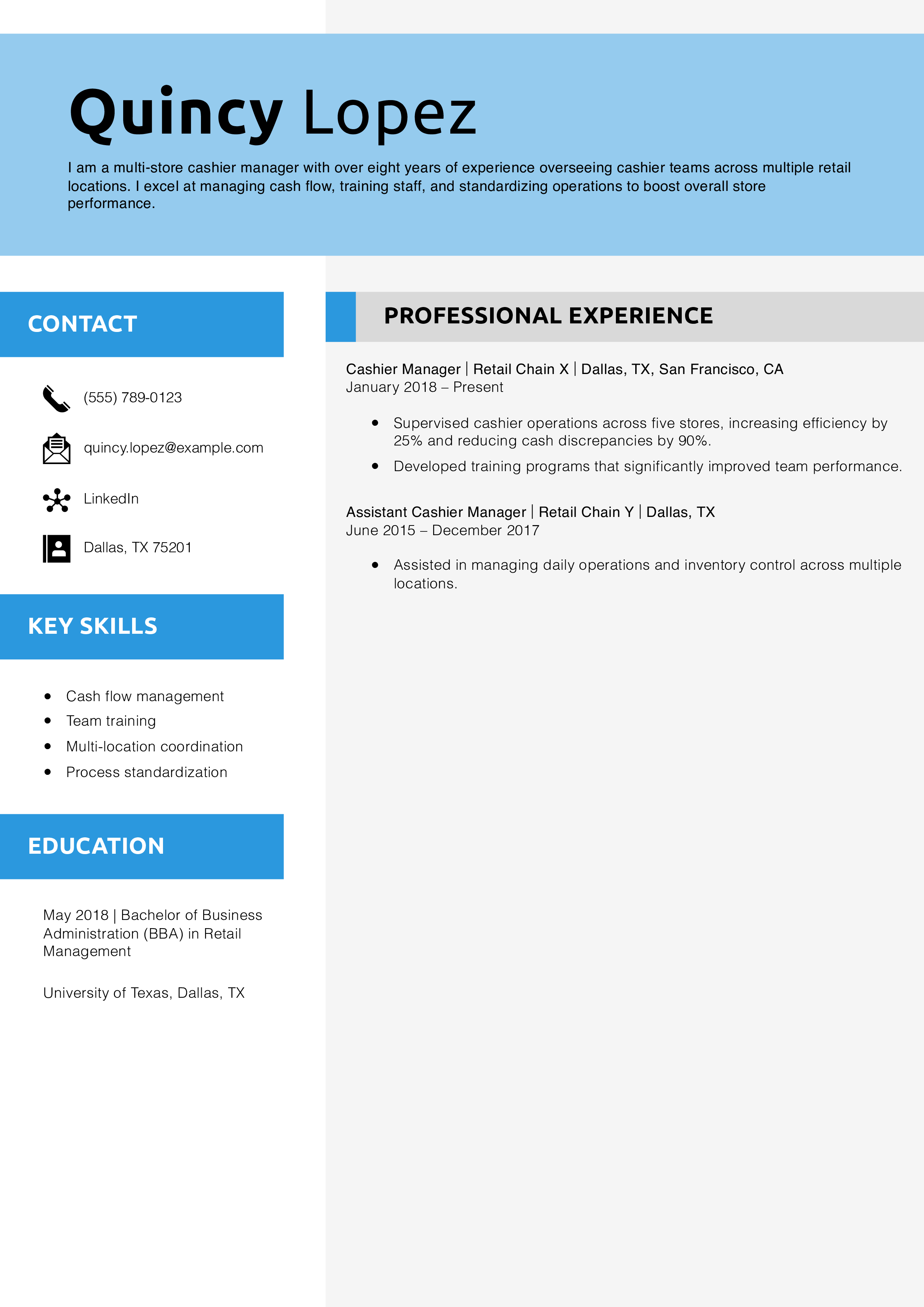 Multi-Store Cashier Manager Resume Templates