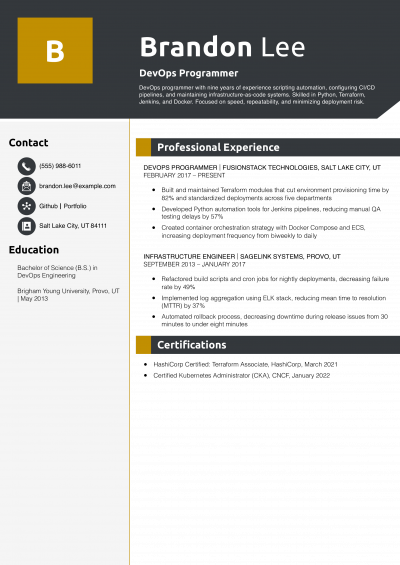 DevOps Programmer Resume Example