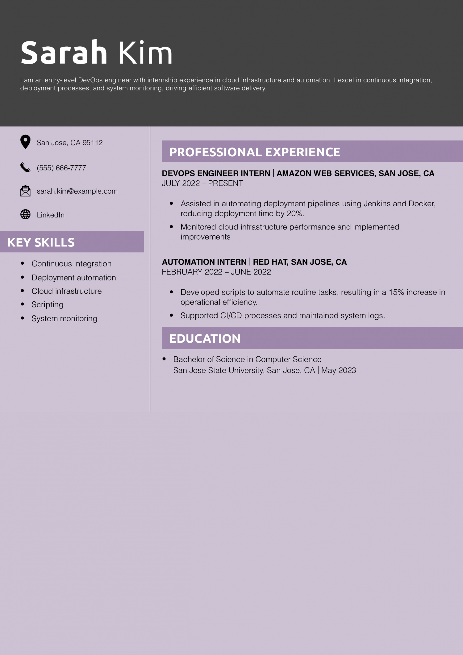 Entry-Level DevOps Engineer Resume Example