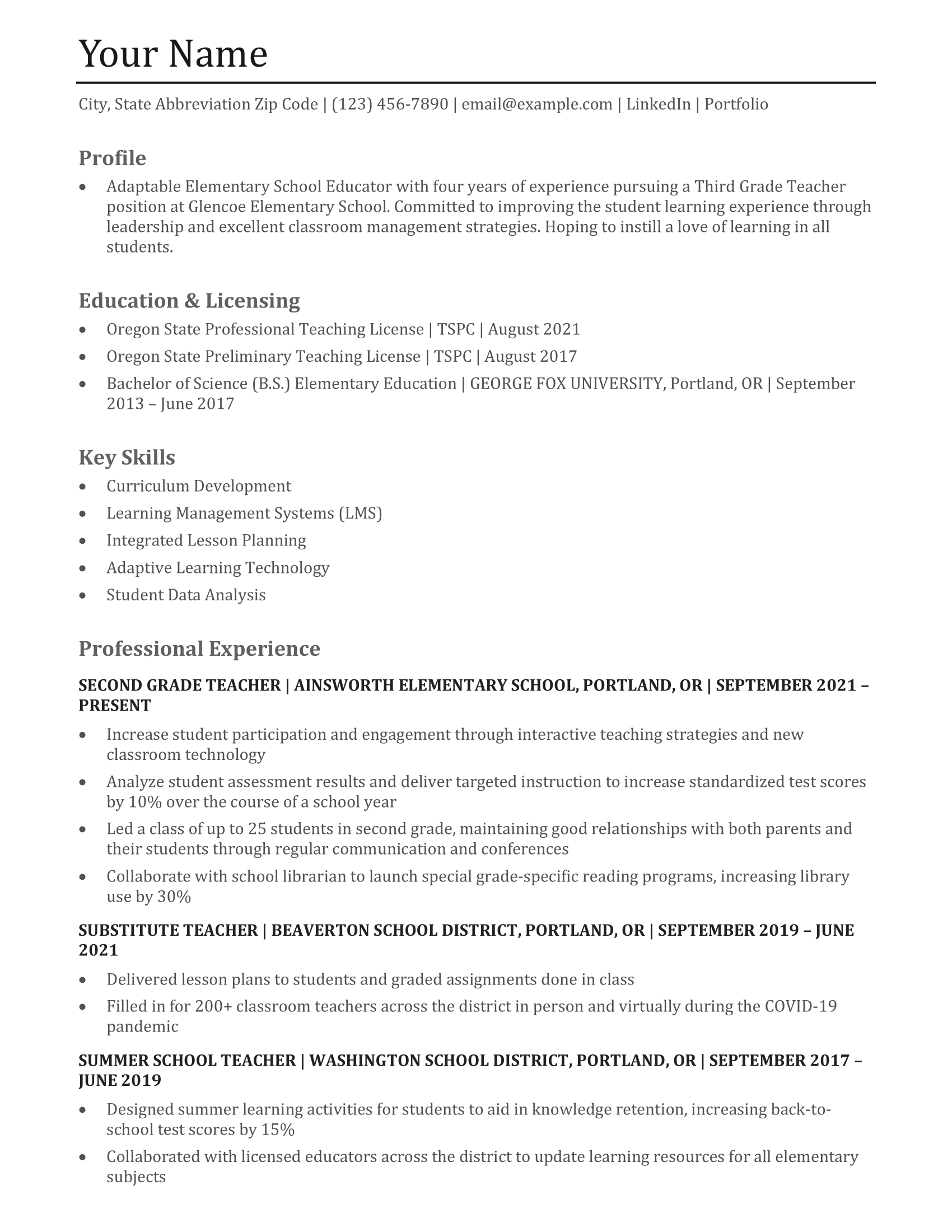 professional summary for resume for teacher