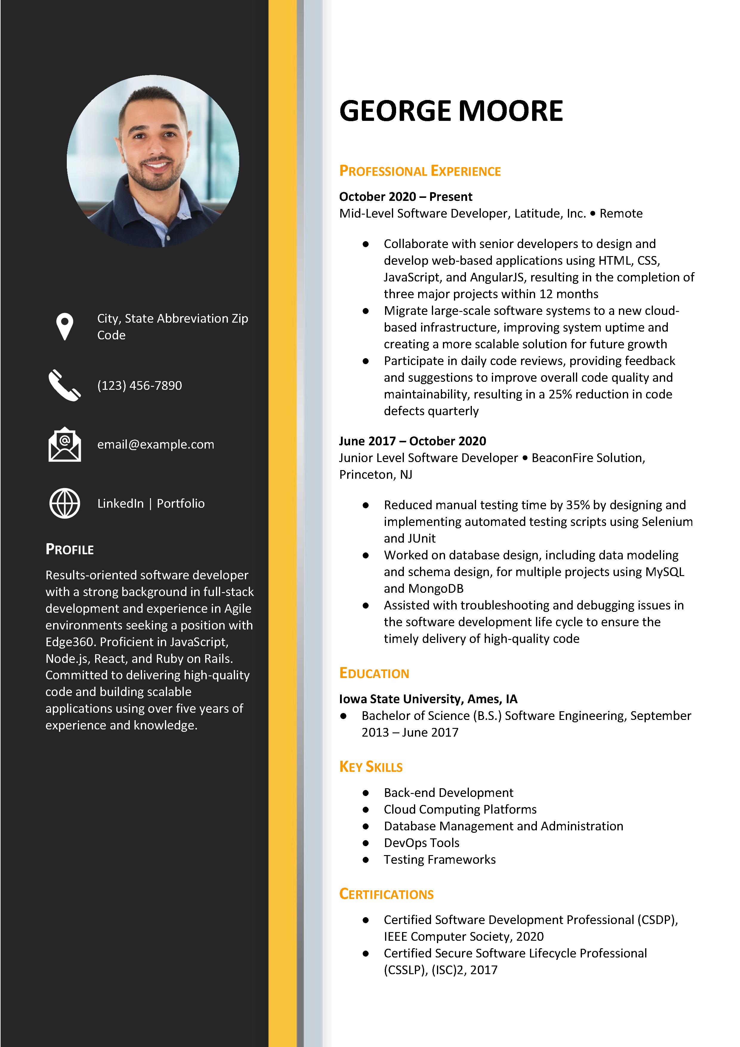 resume template for software developer