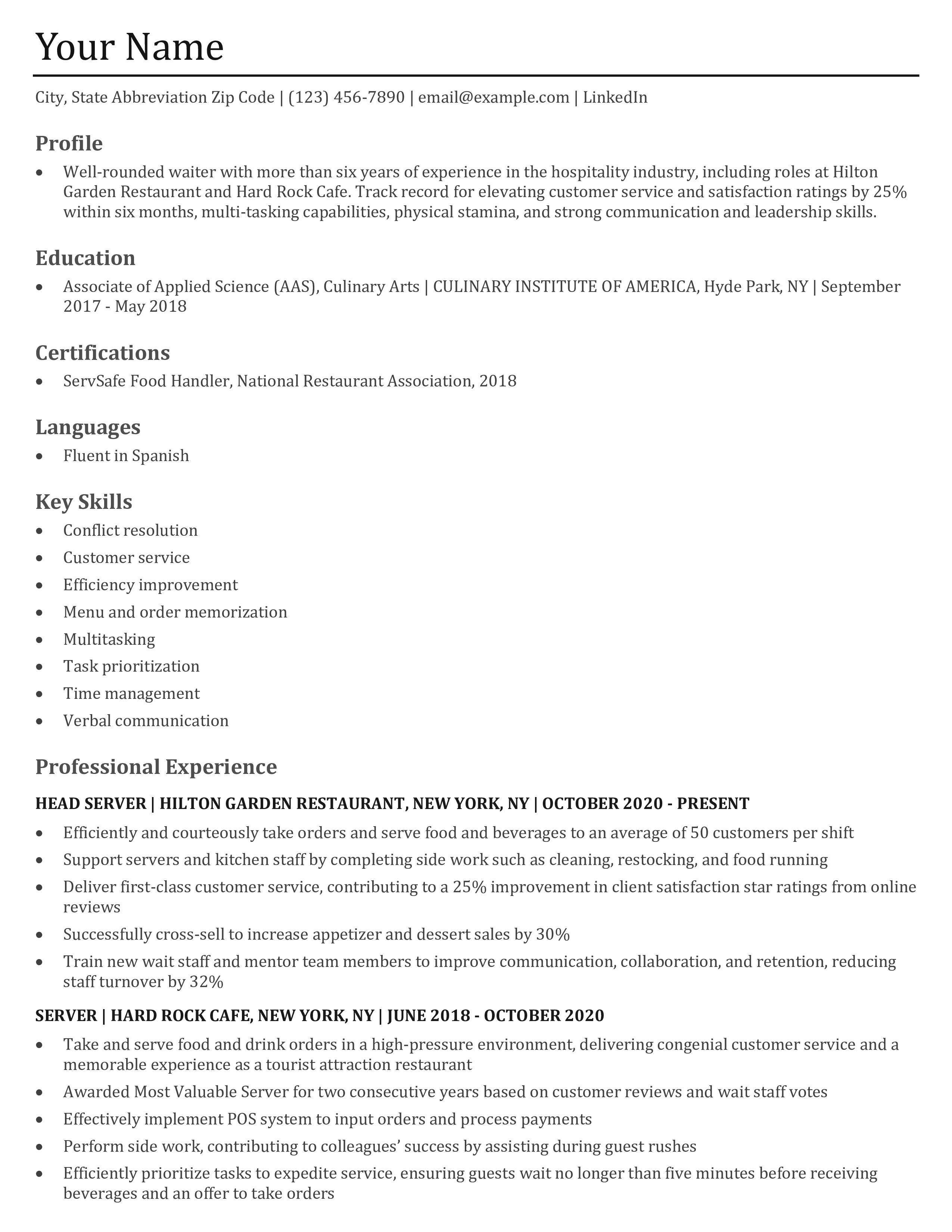 Waiter_Waitress Resume Templates and Examples