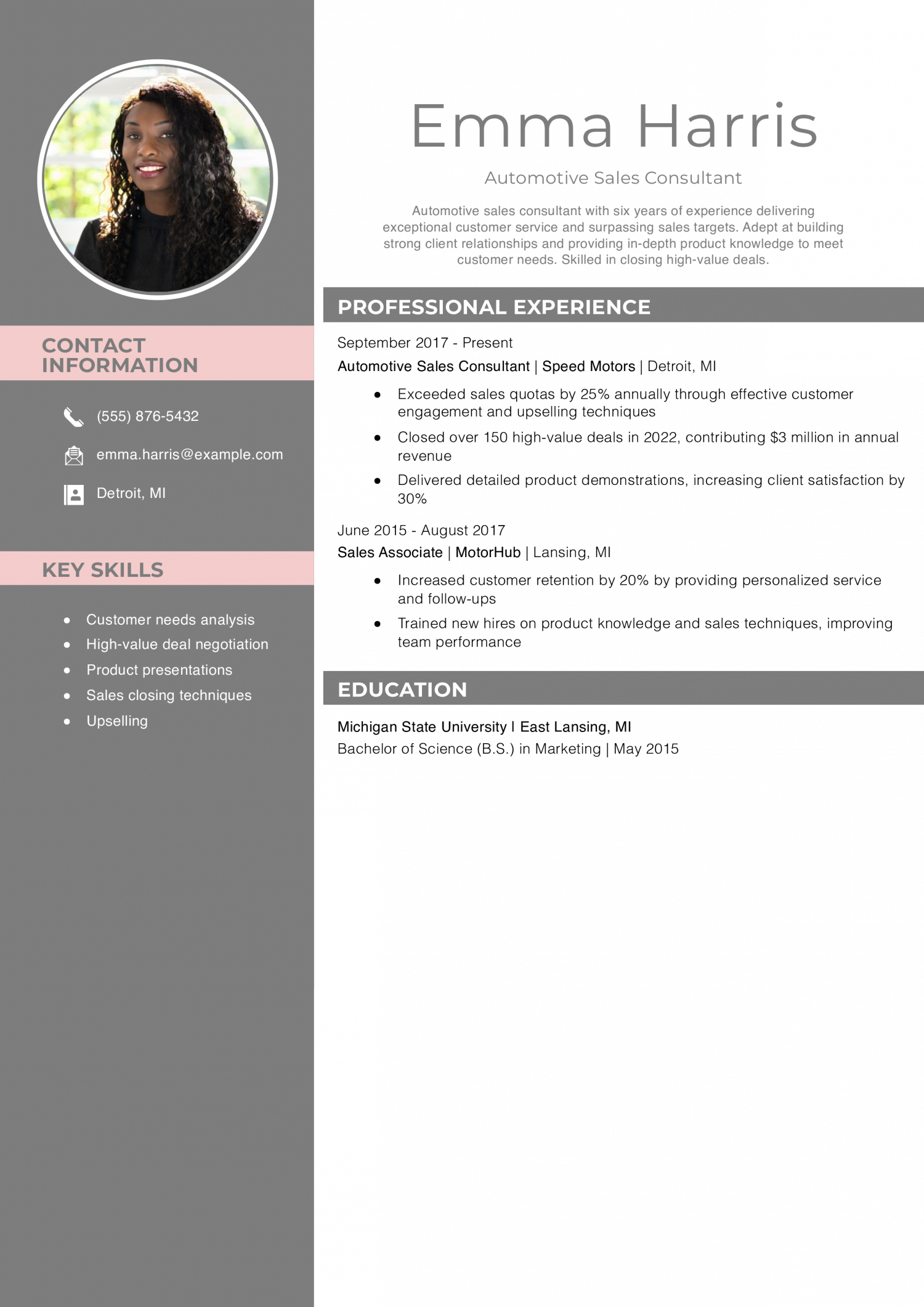 Automotive Sales Consultant Resume Example