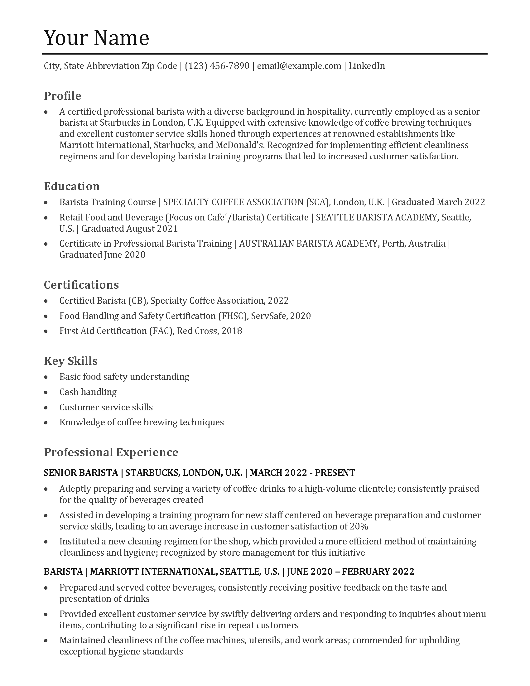 Barista Resume Templates And Examples For 2024 - Resumetemplates.com