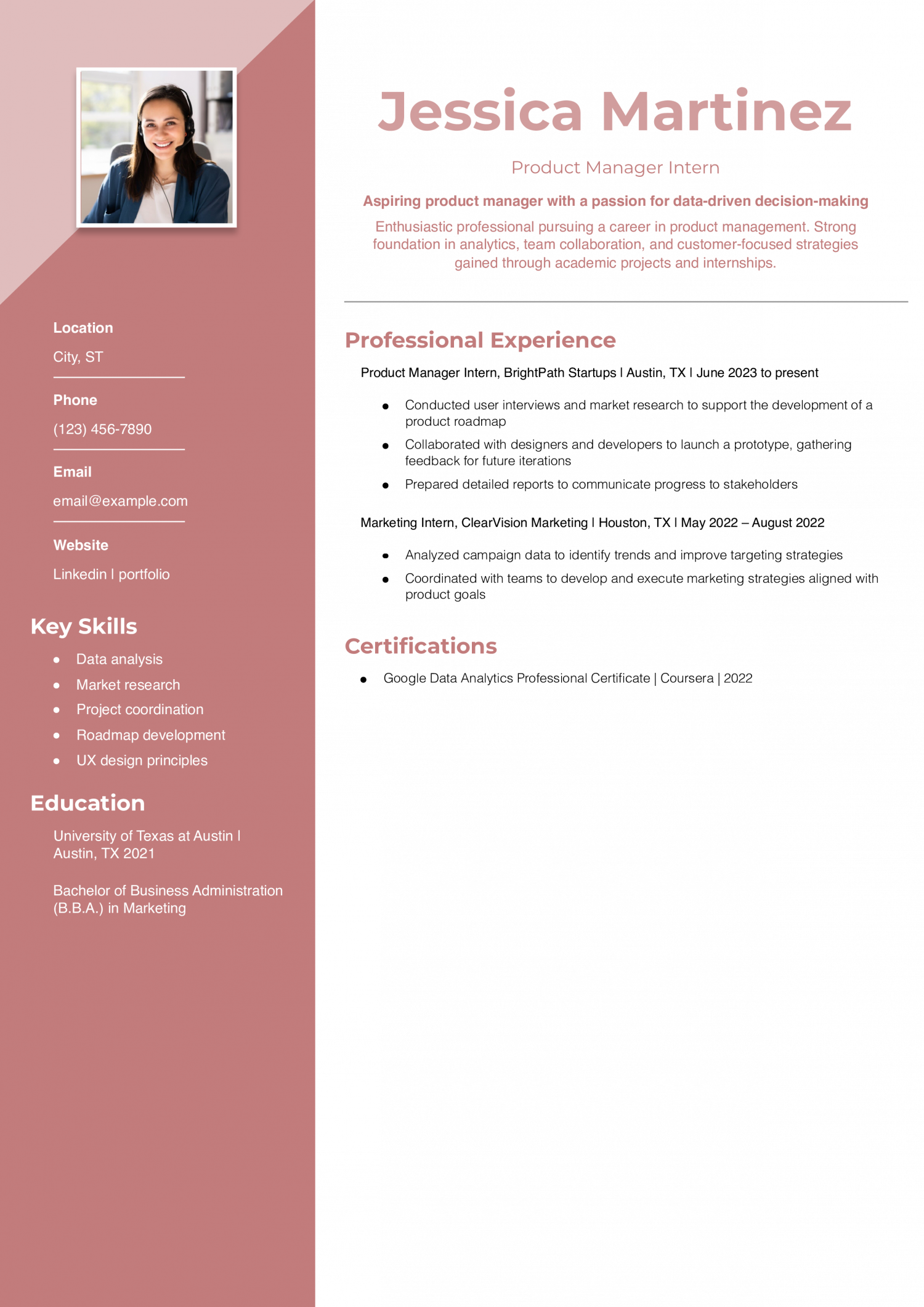 Entry-Level Product Manager Intern Resume Example