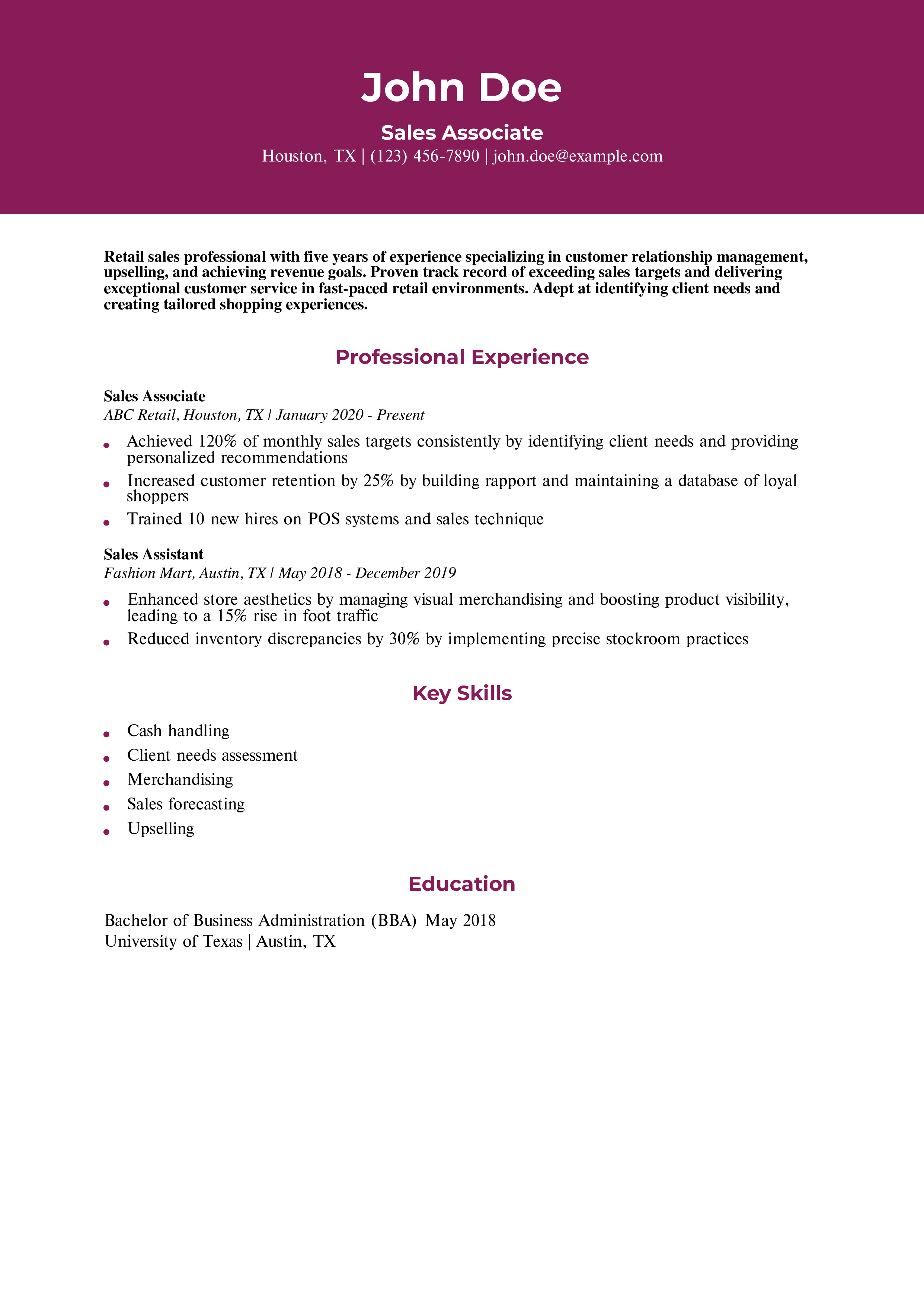 Sales Associate Resume Example