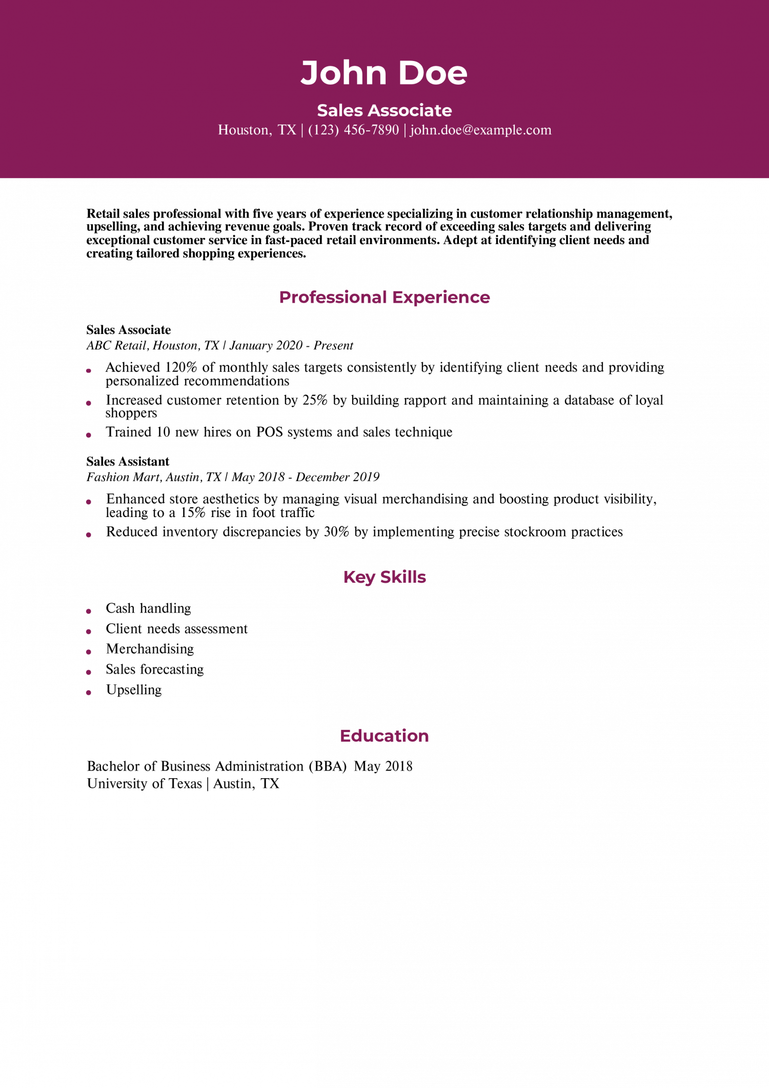 Sales Associate Resume Example