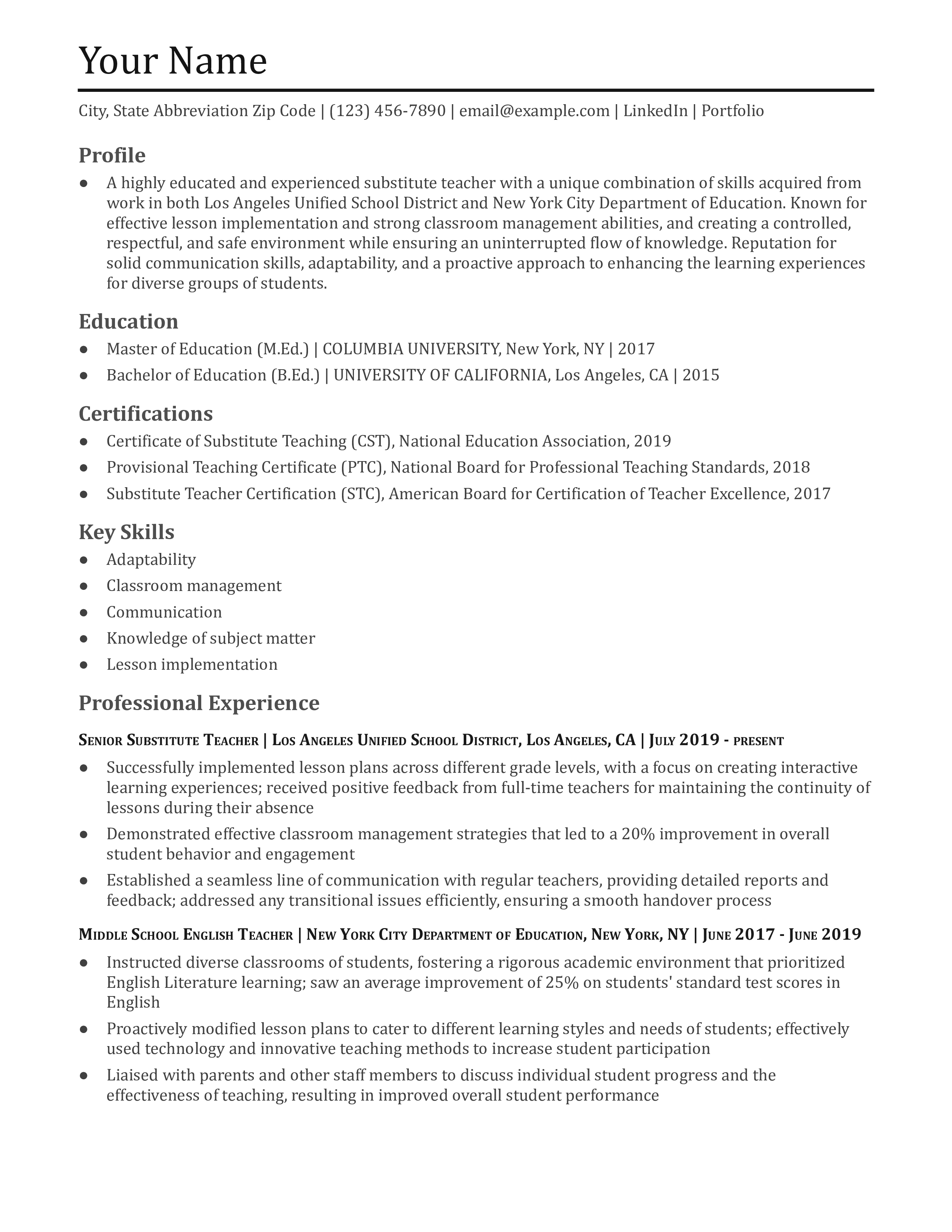 Substitute Teacher Resume Examples and Templates for [y]