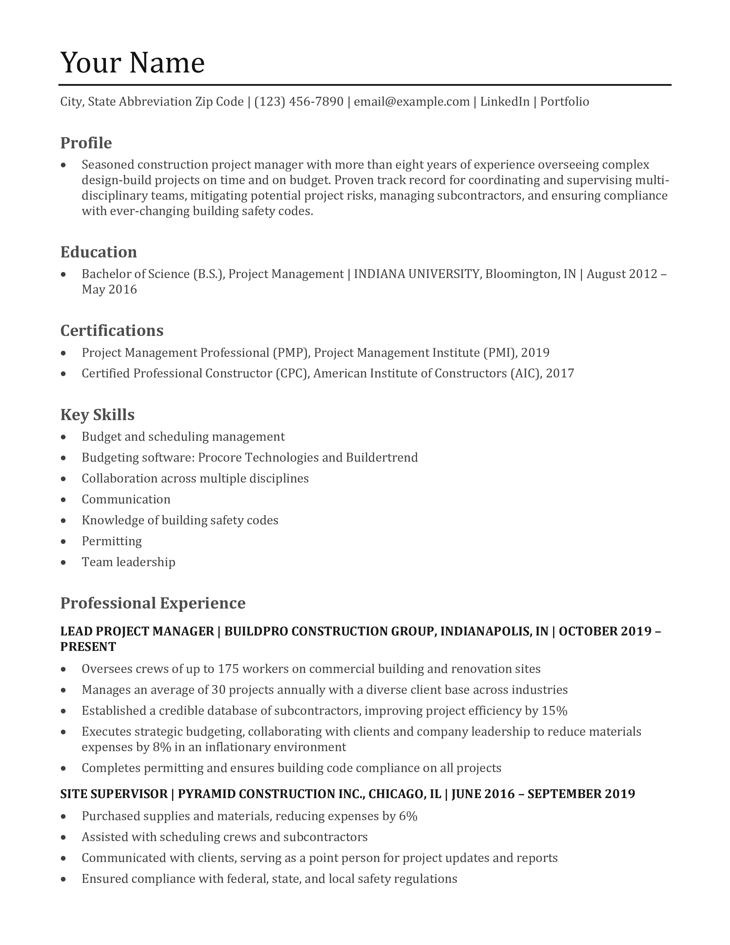 Construction Project Manager Resume Examples and Templates for [y]