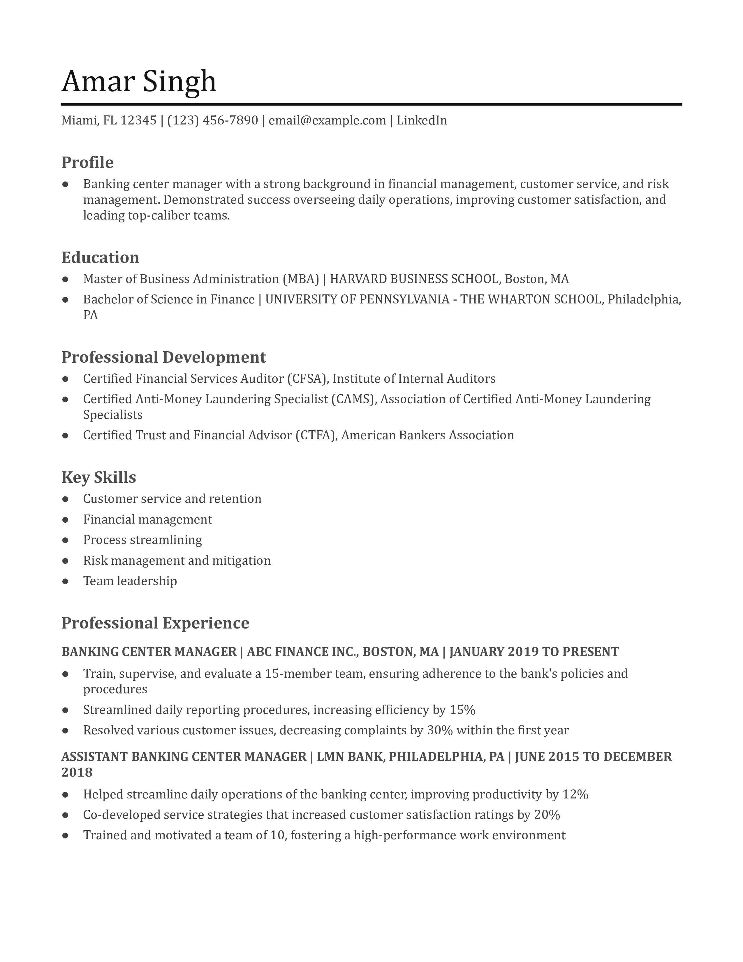 Banking Center Manager Resume Example