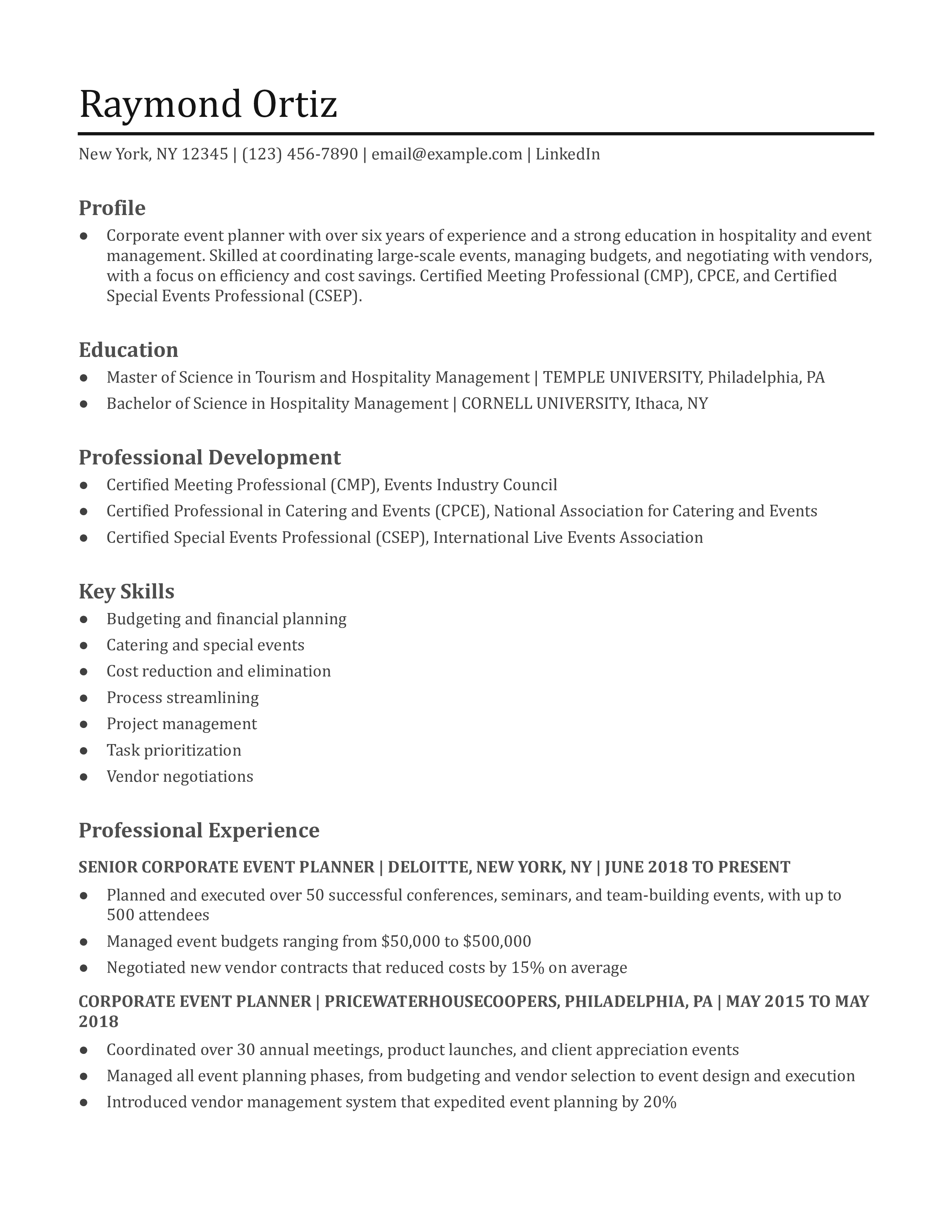 Corporate Event Planner Resume Example