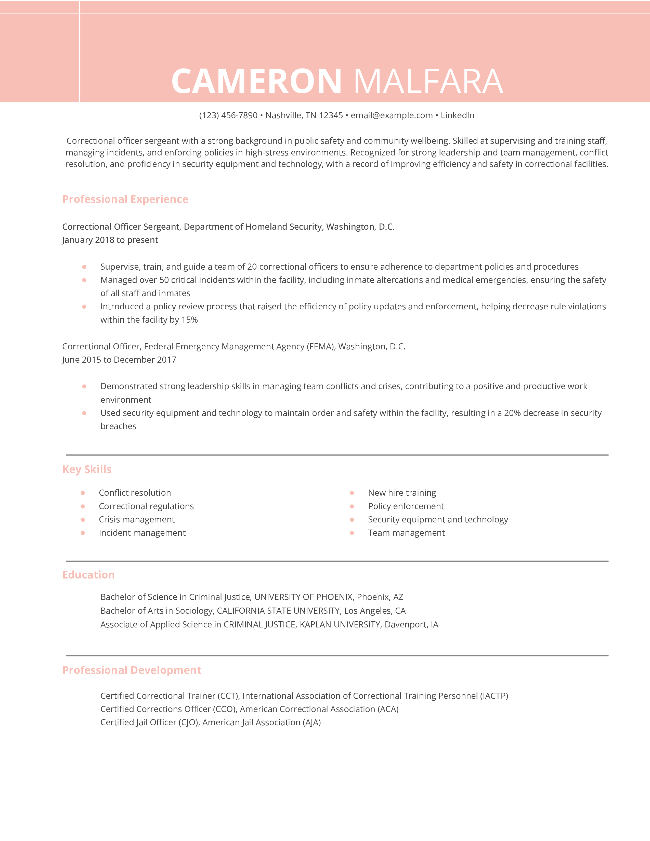 Correctional Officer Sergeant Resume Example