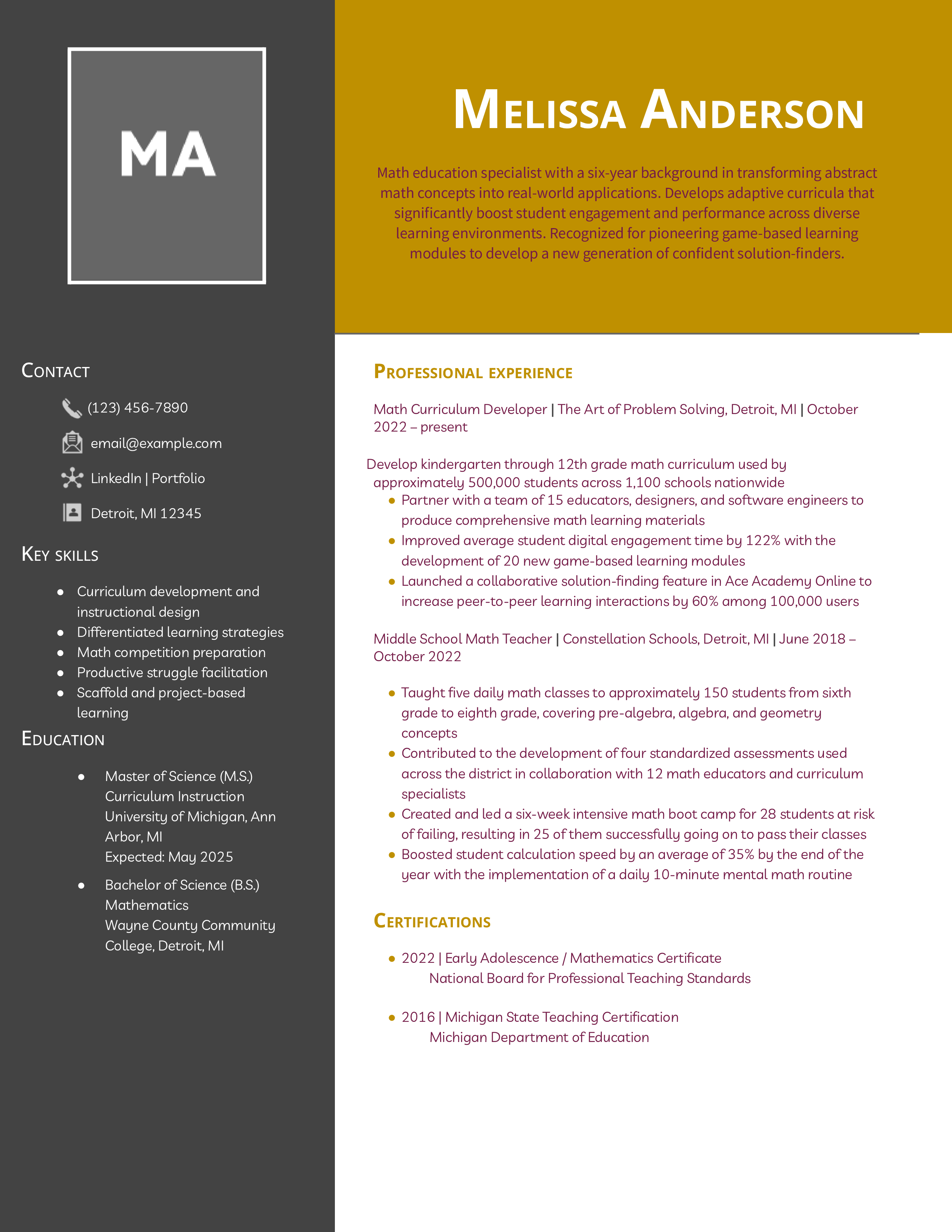 Mid Level Education Resume Example