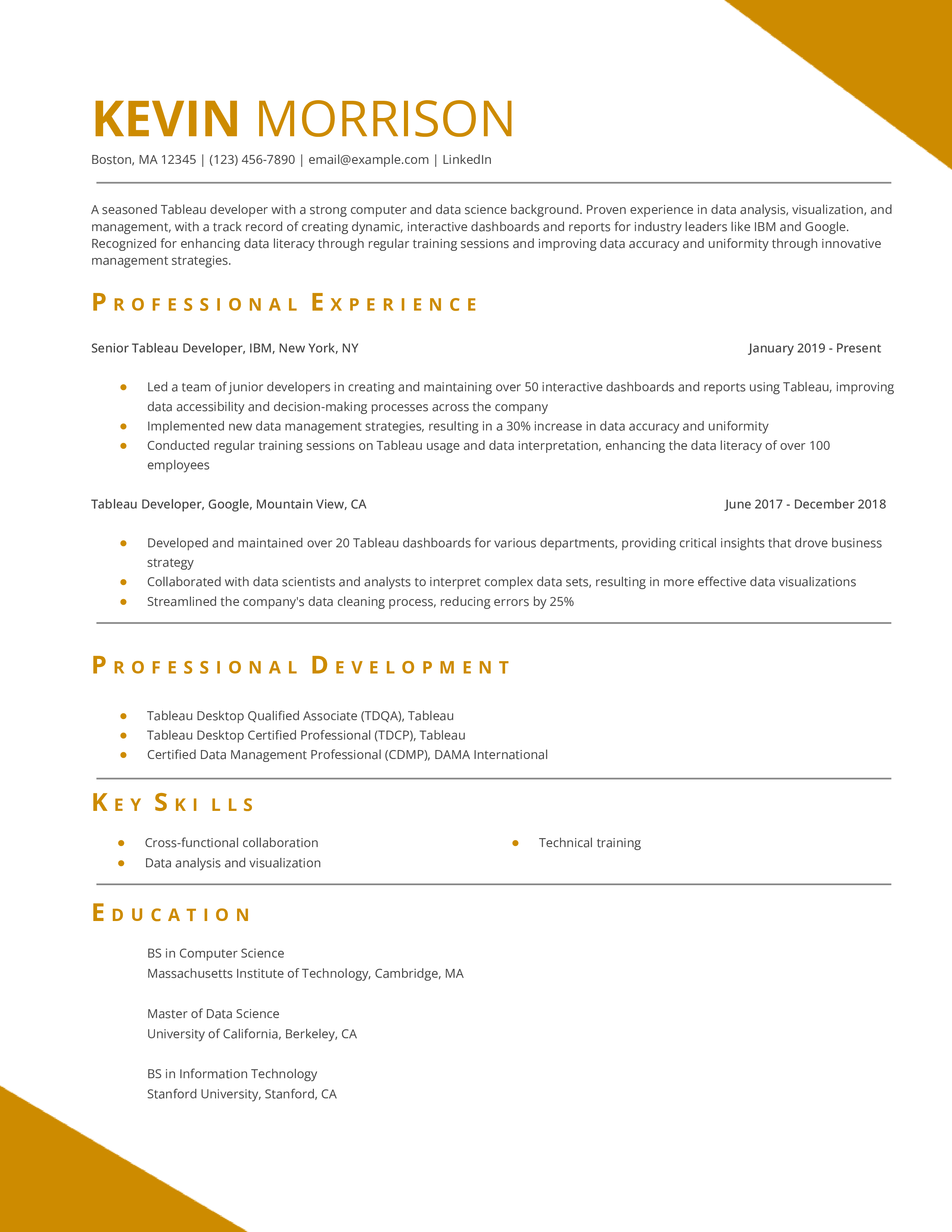 Tableau Developer Resume Example