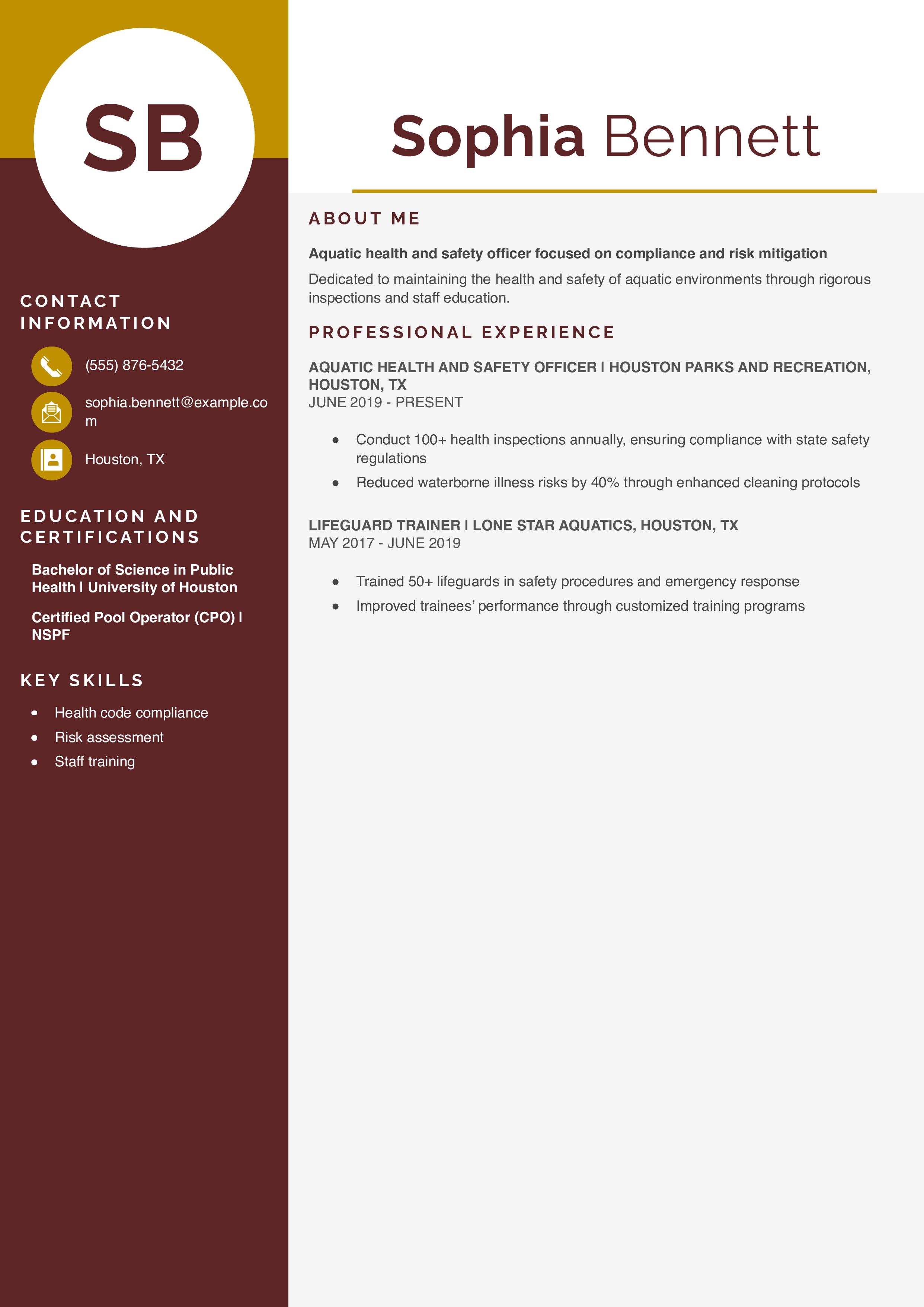 Aquatic Health and Safety Officer Resume Example