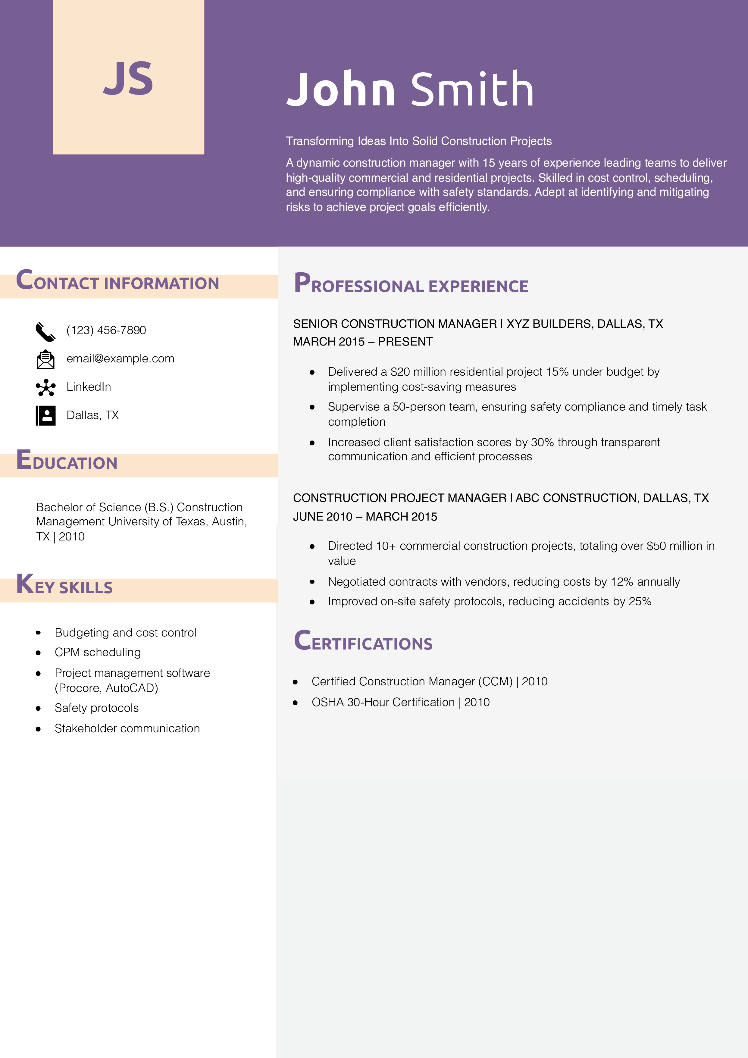 Construction Manager Resume Example