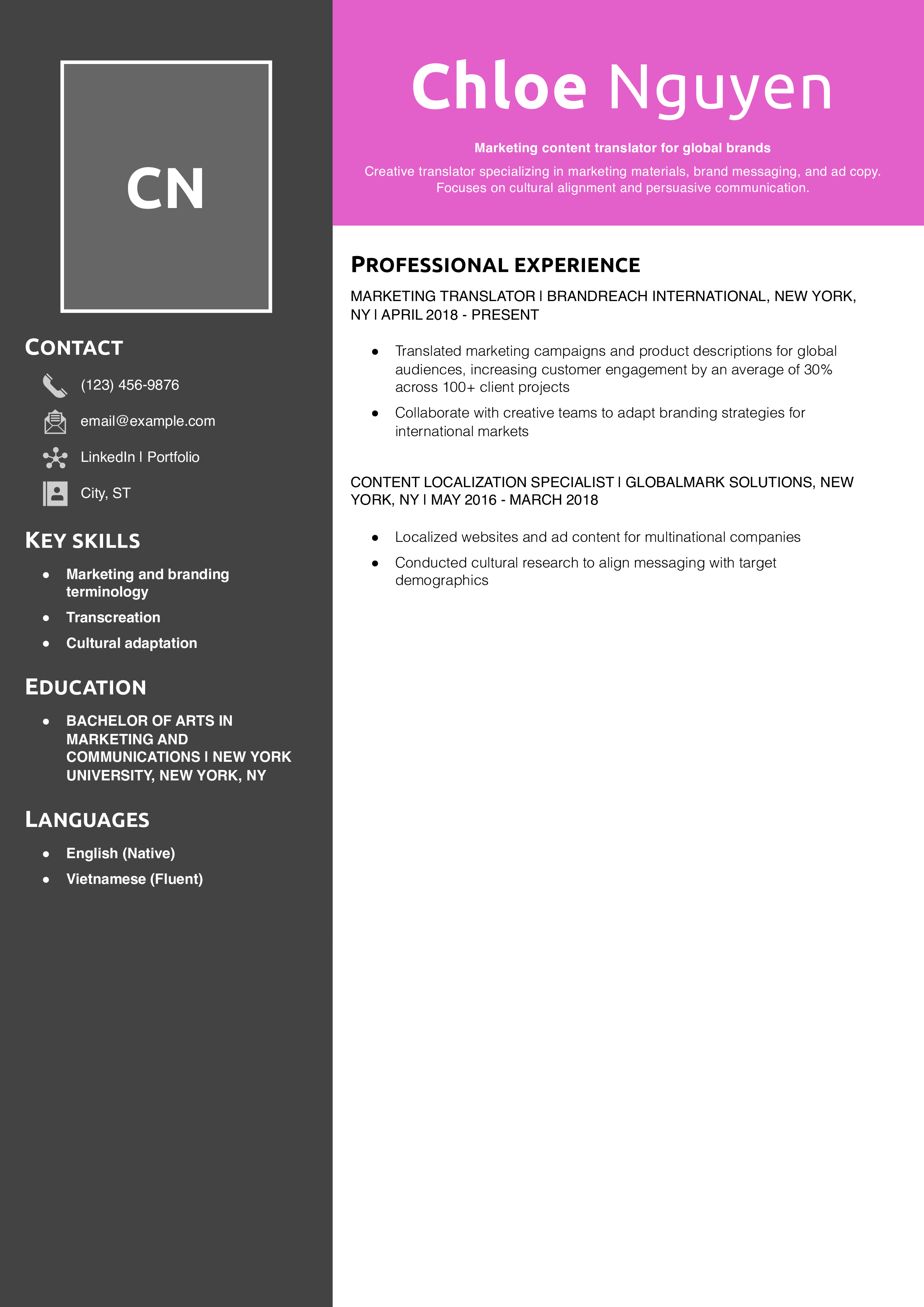 Marketing Translator Resume Example