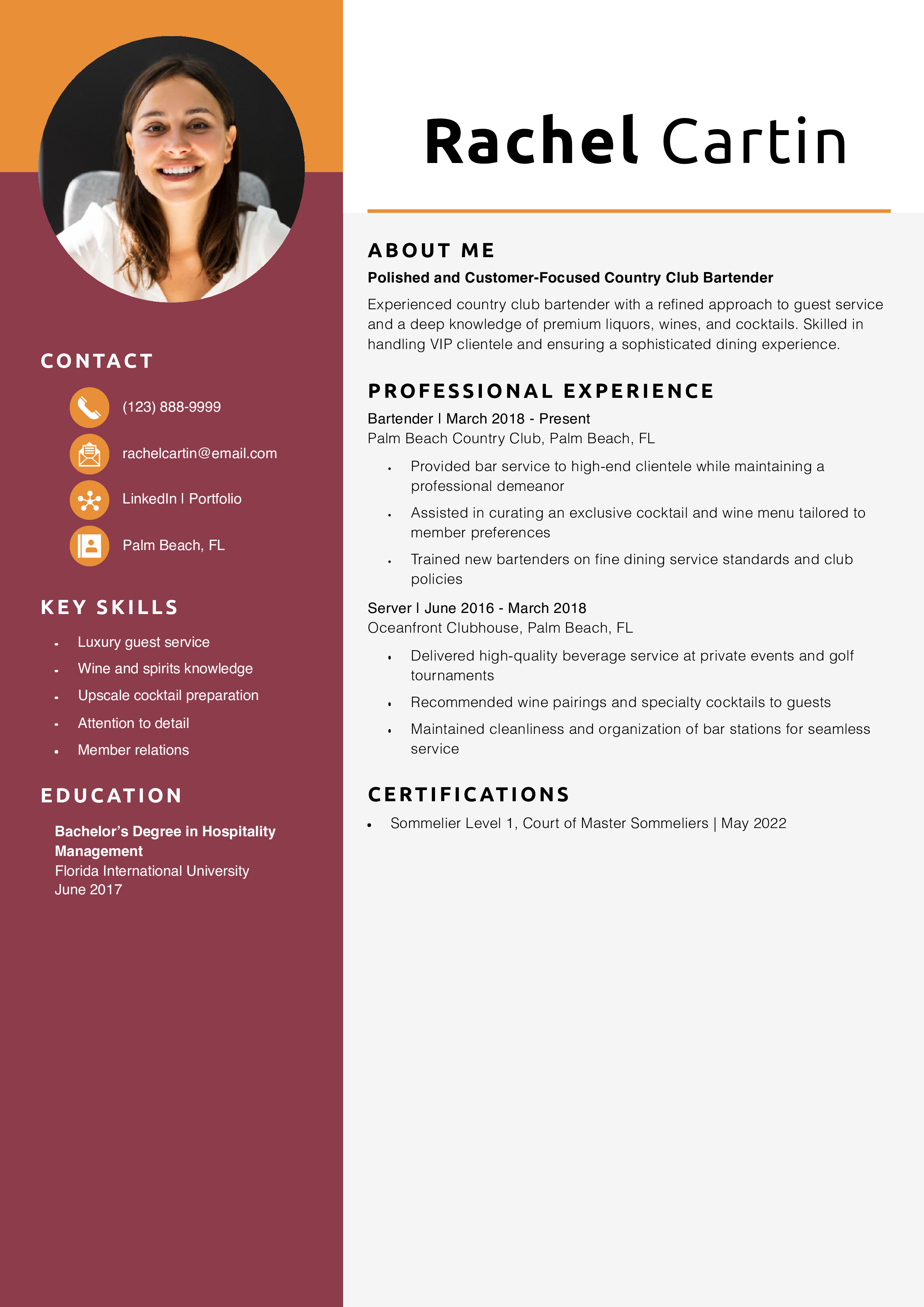 Country Club Bartender Resume Example