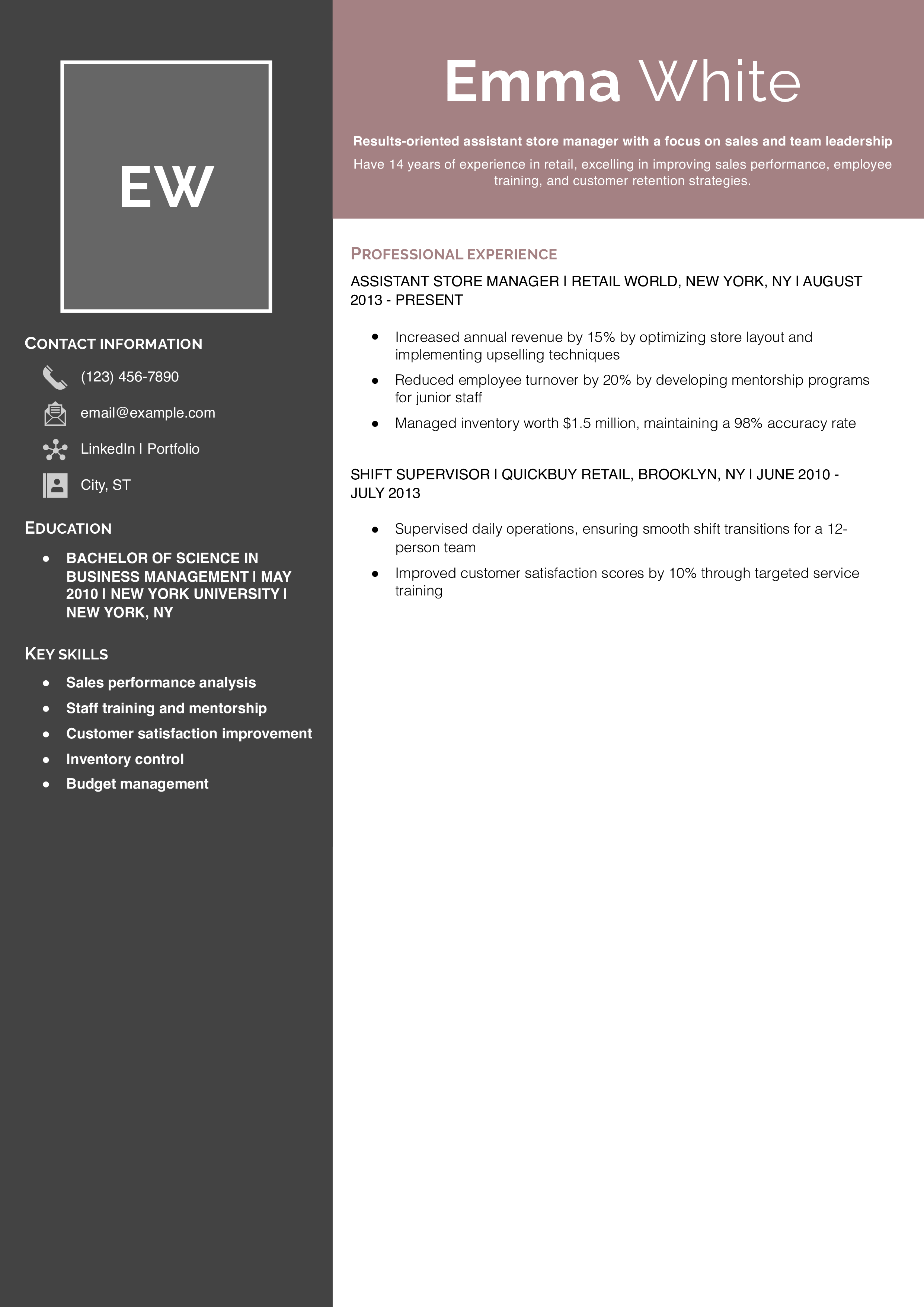 Retail Operations Assistant Store Manager Resume Example