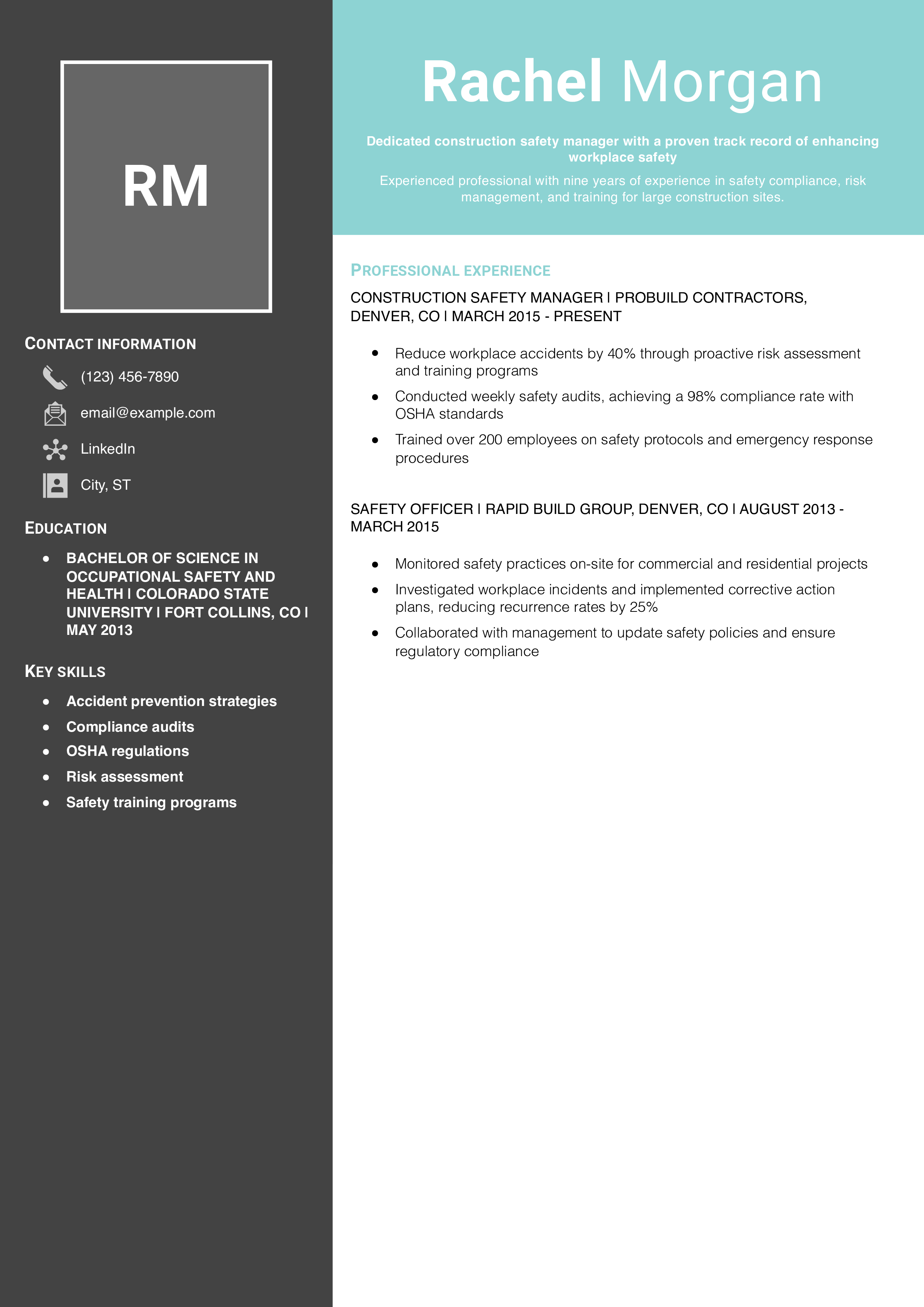 Construction Safety Manager Resume Example