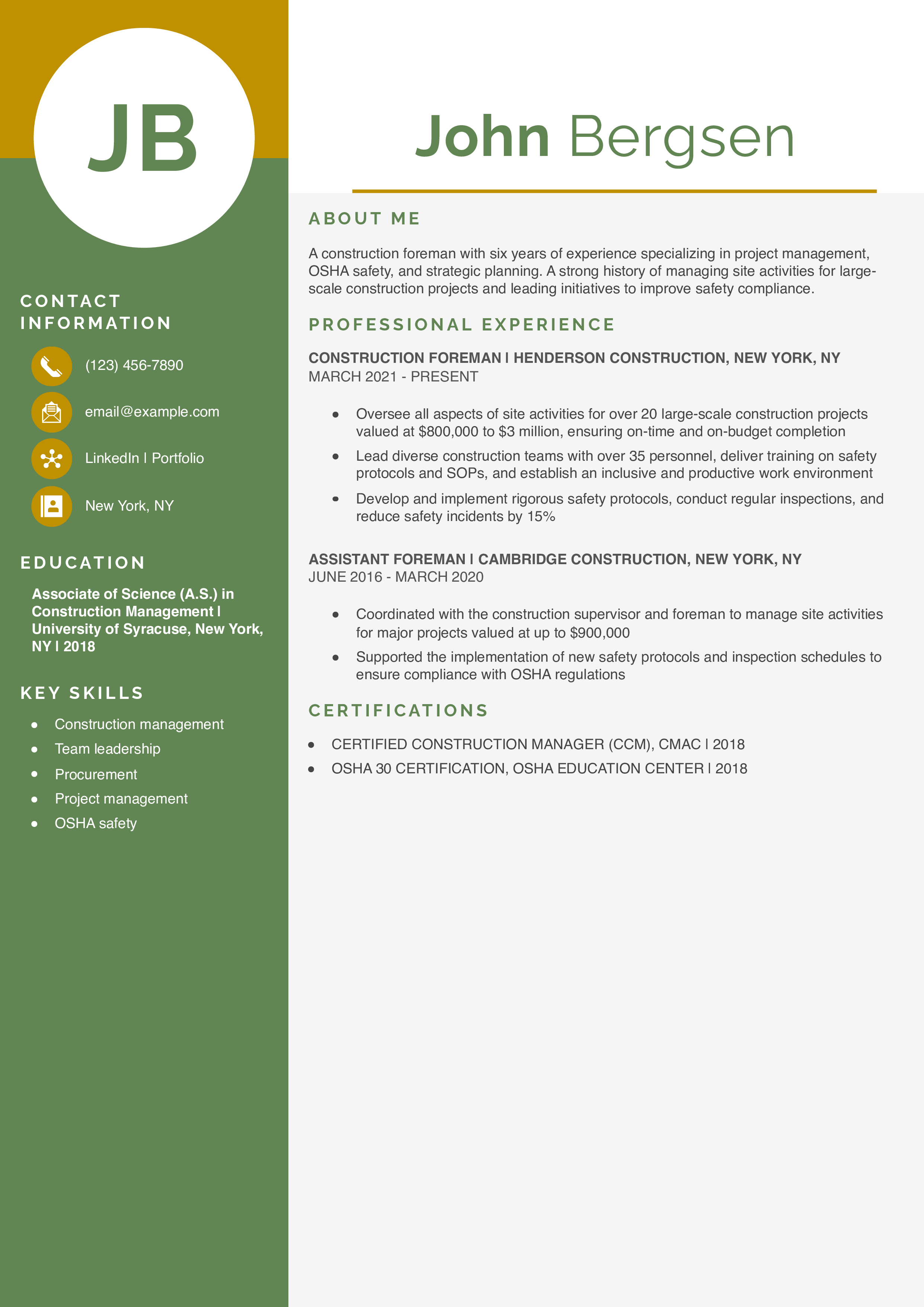 Construction Foreman Resume Example