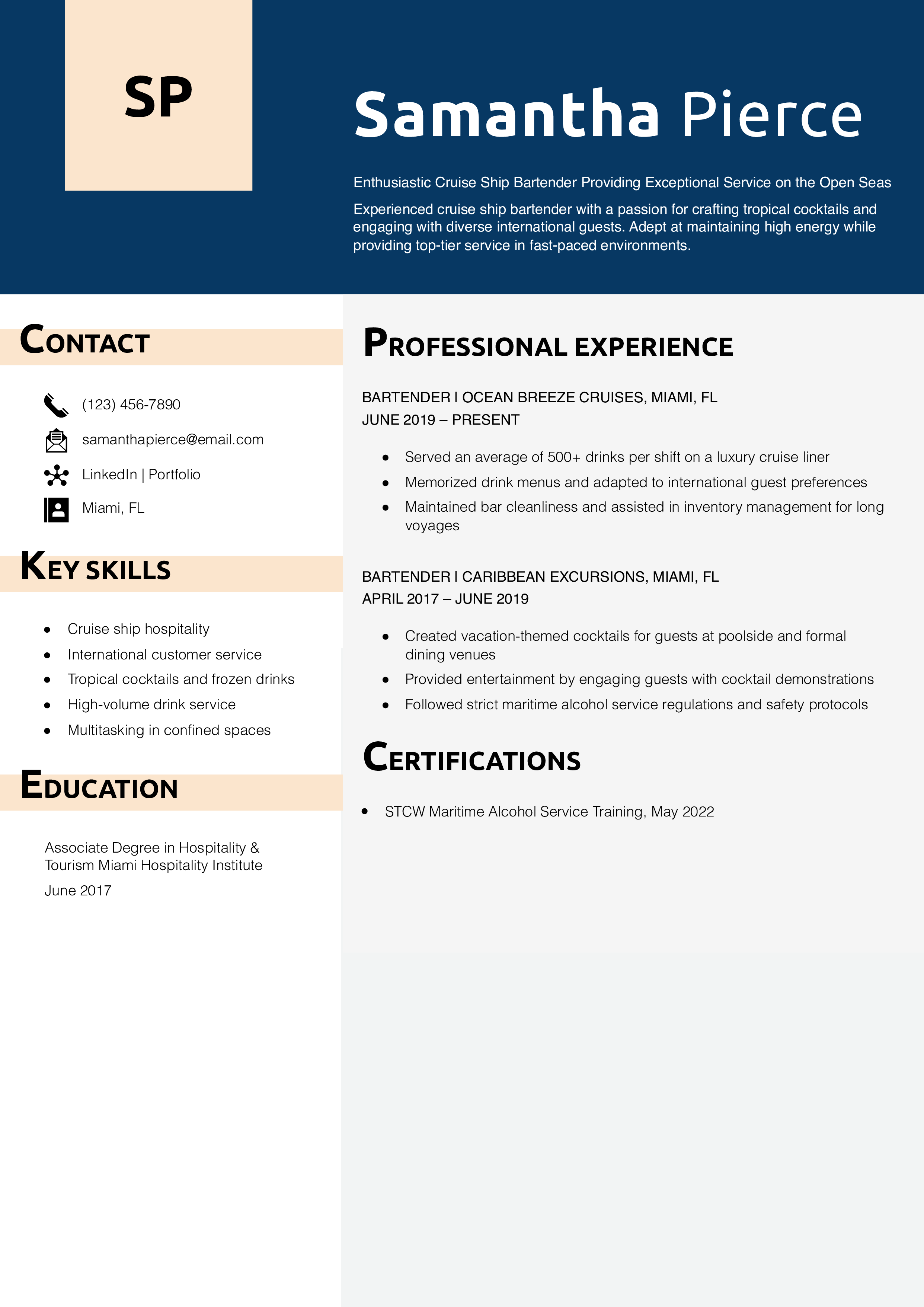 Cruise Ship Bartender Resume Example