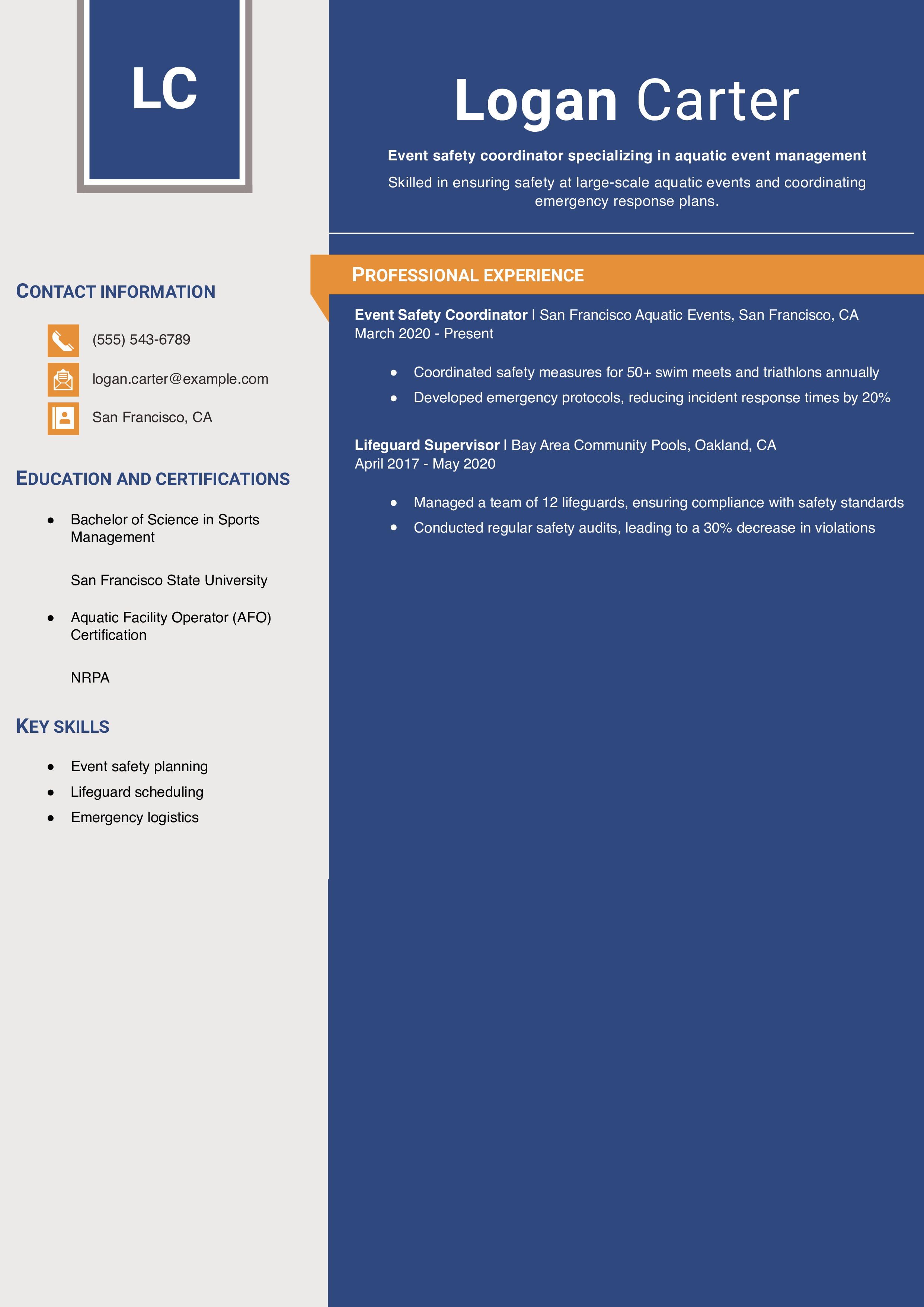 Event Safety Coordinator Resume Example