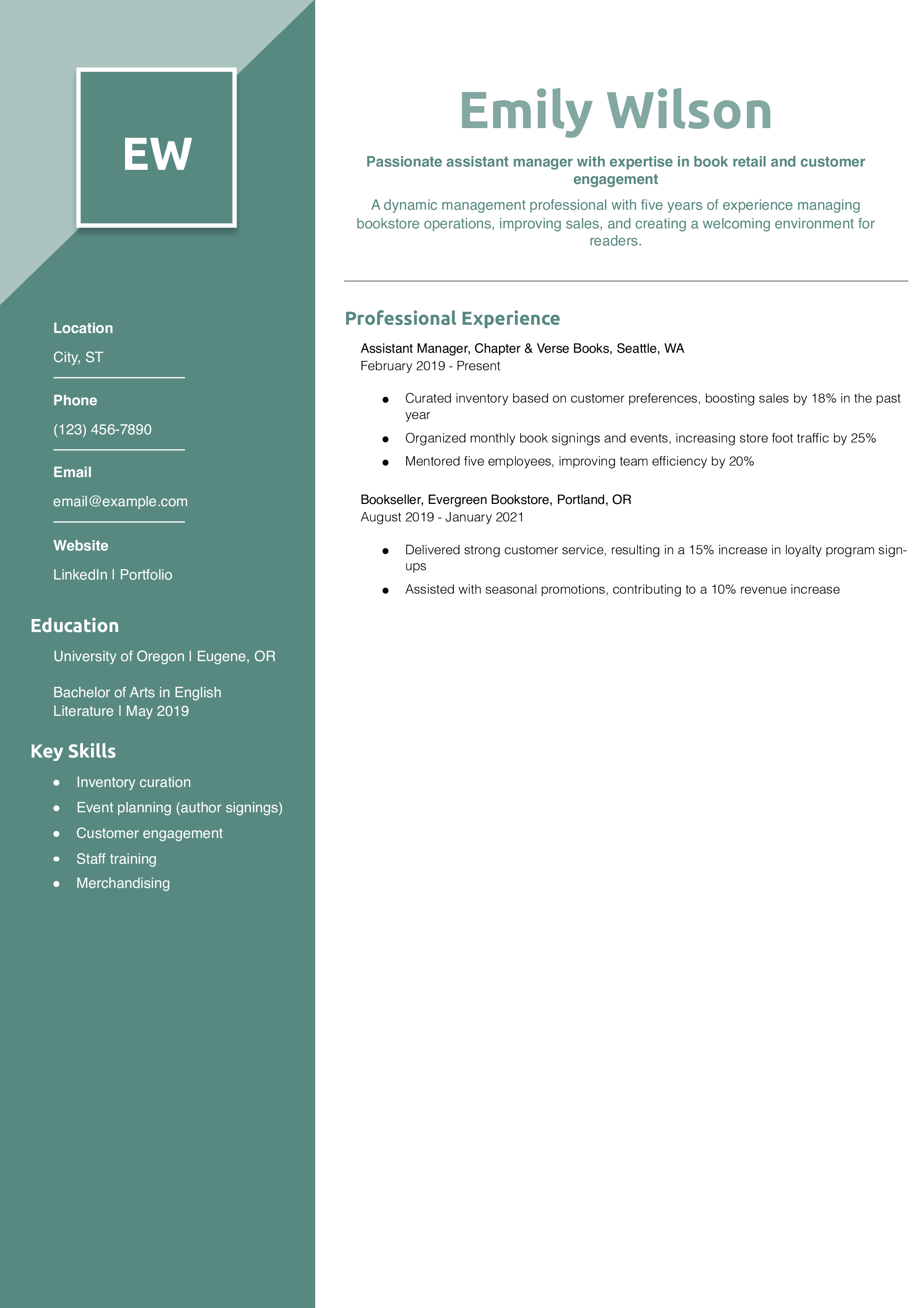 Bookstore Assistant Manager Resume Example