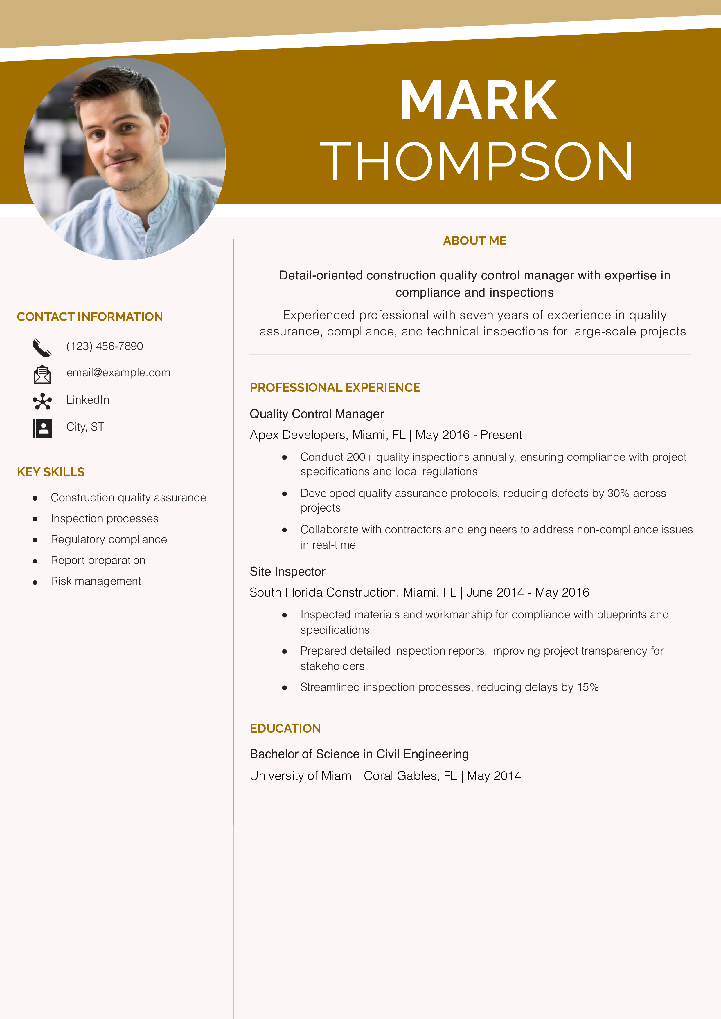 Construction Quality Control Manager Resume Example