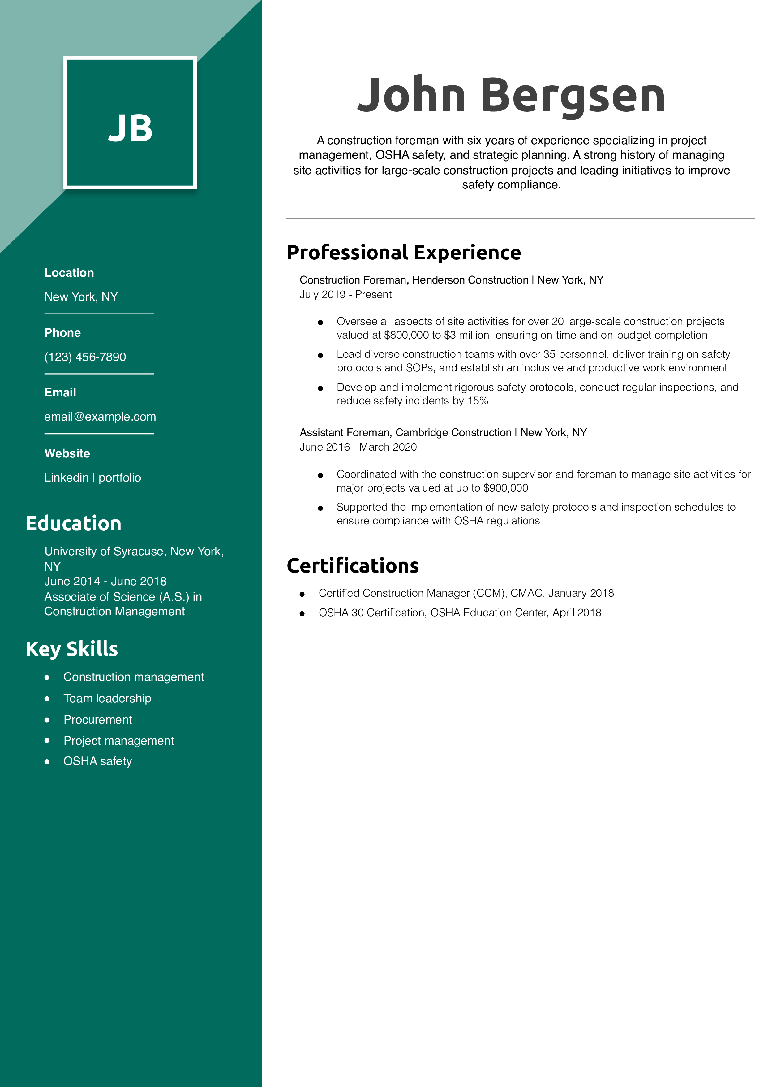 Construction Foreman Resume Example