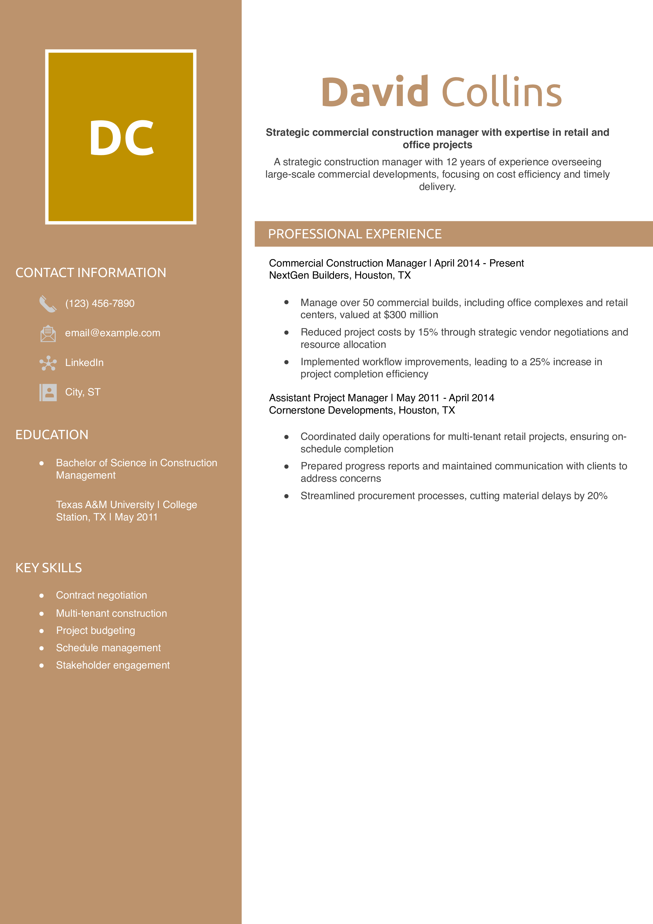 Commercial Construction Manager Resume Example