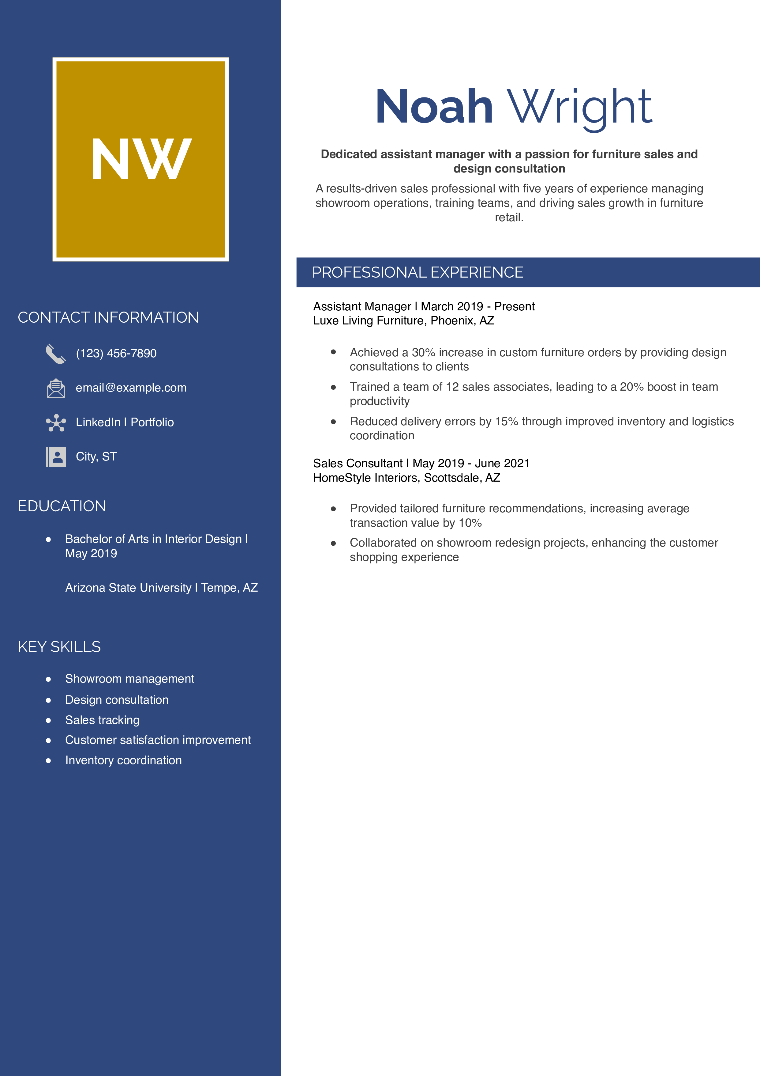 Furniture Store Assistant Manager Resume Example