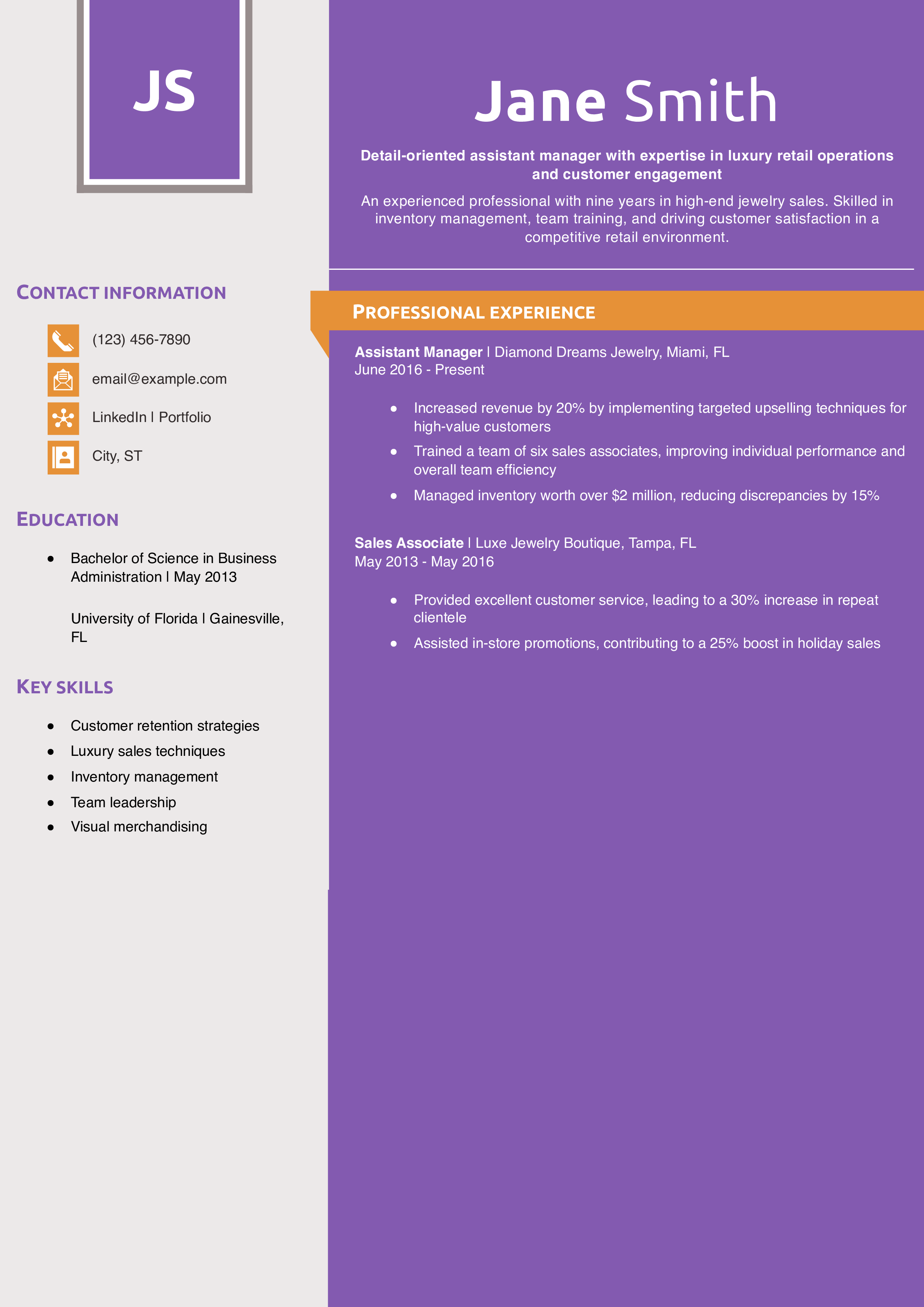 Assistant Manager, Jewelry Store Resume Example