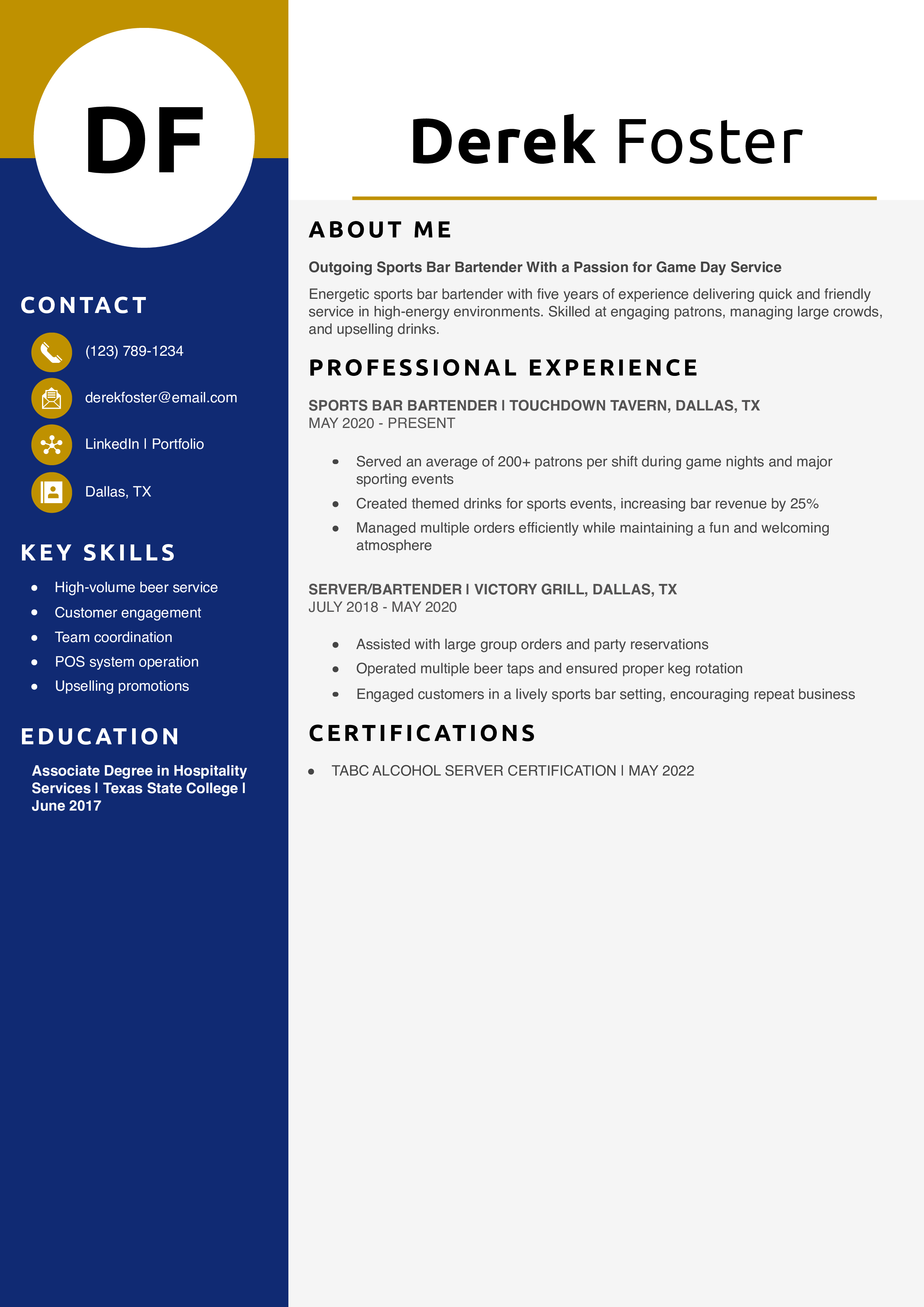 Sports Bar Bartender Resume Example