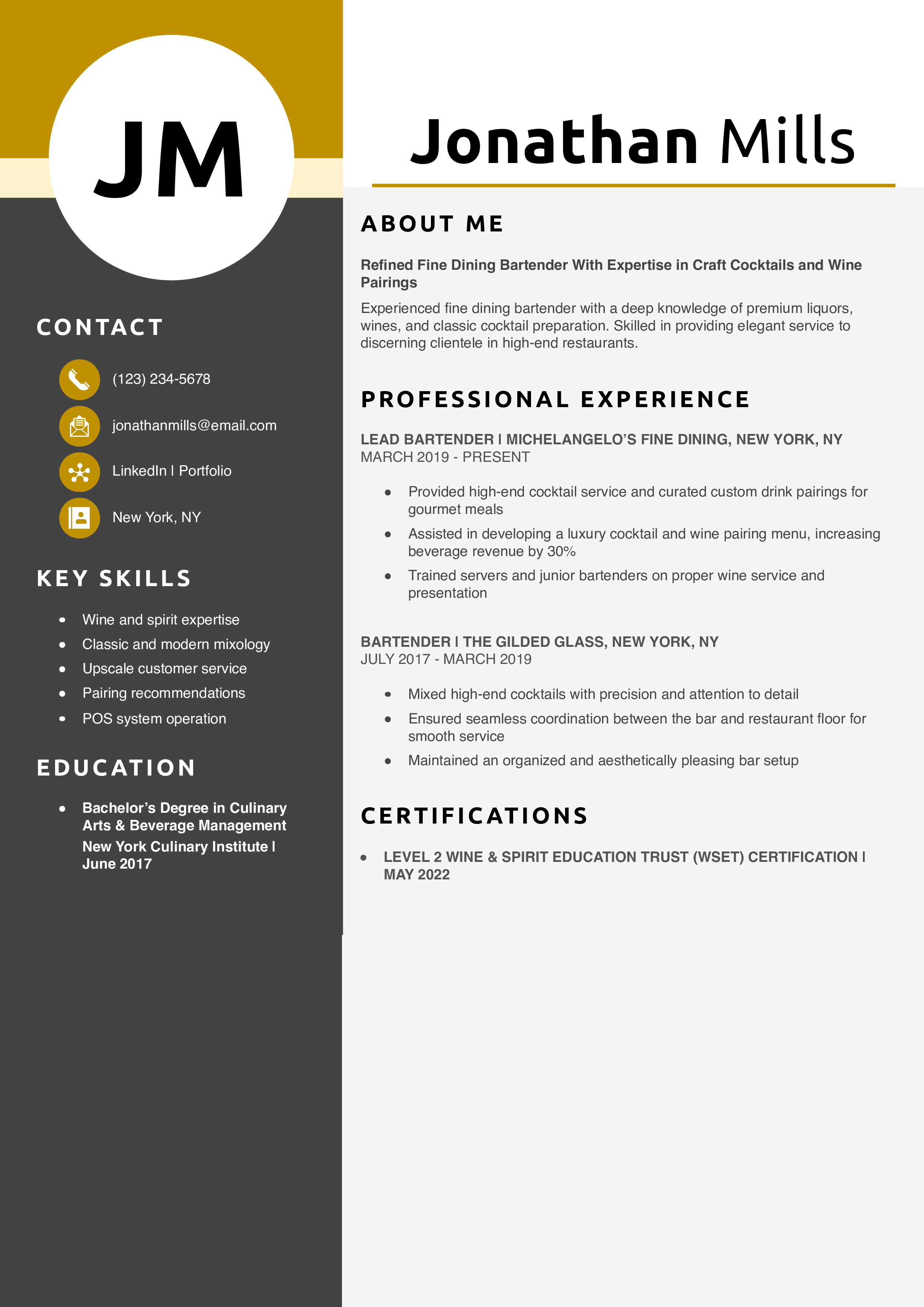 Fine Dining Bartender Resume Example