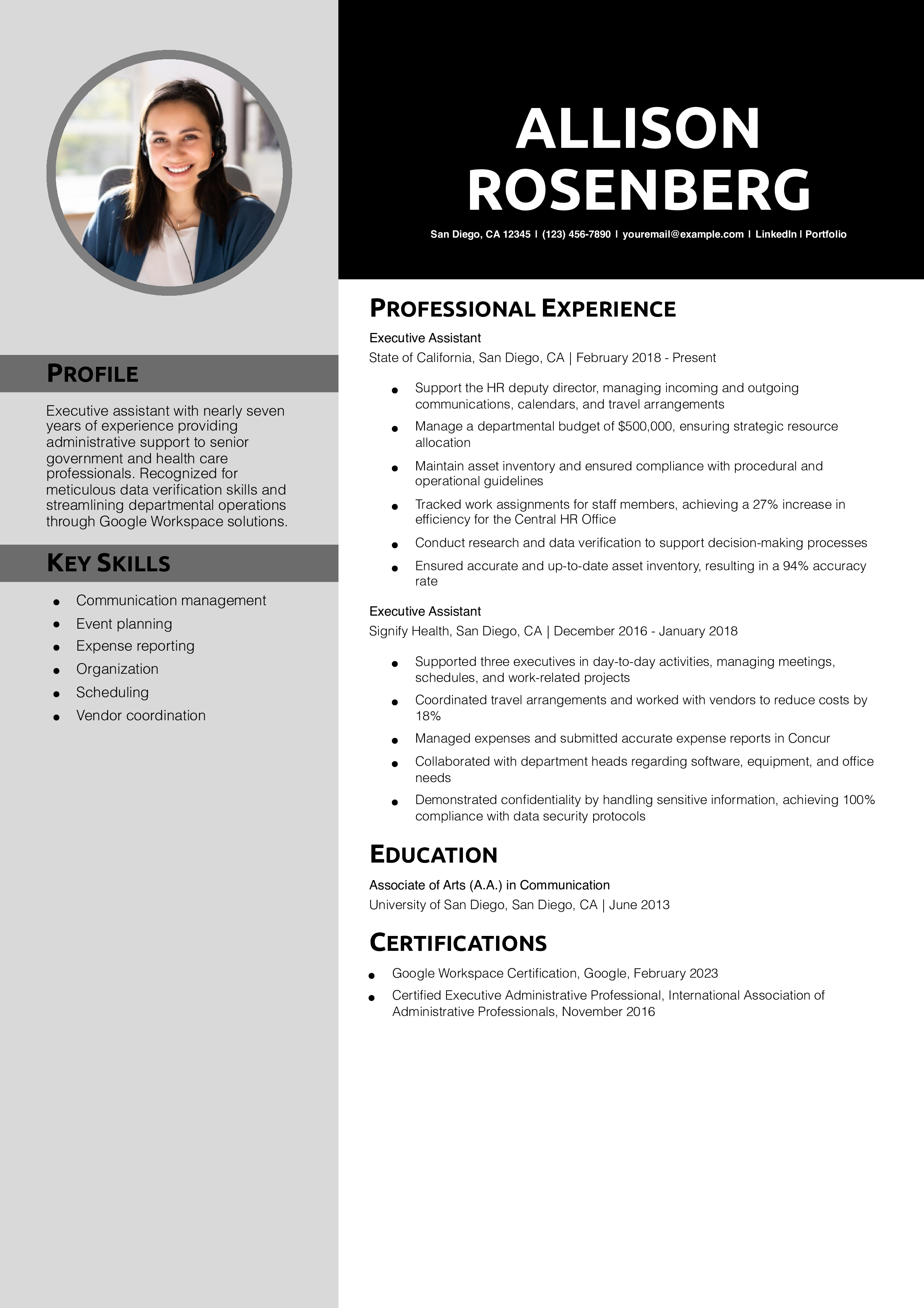 Experienced Executive Assistant Resume Example