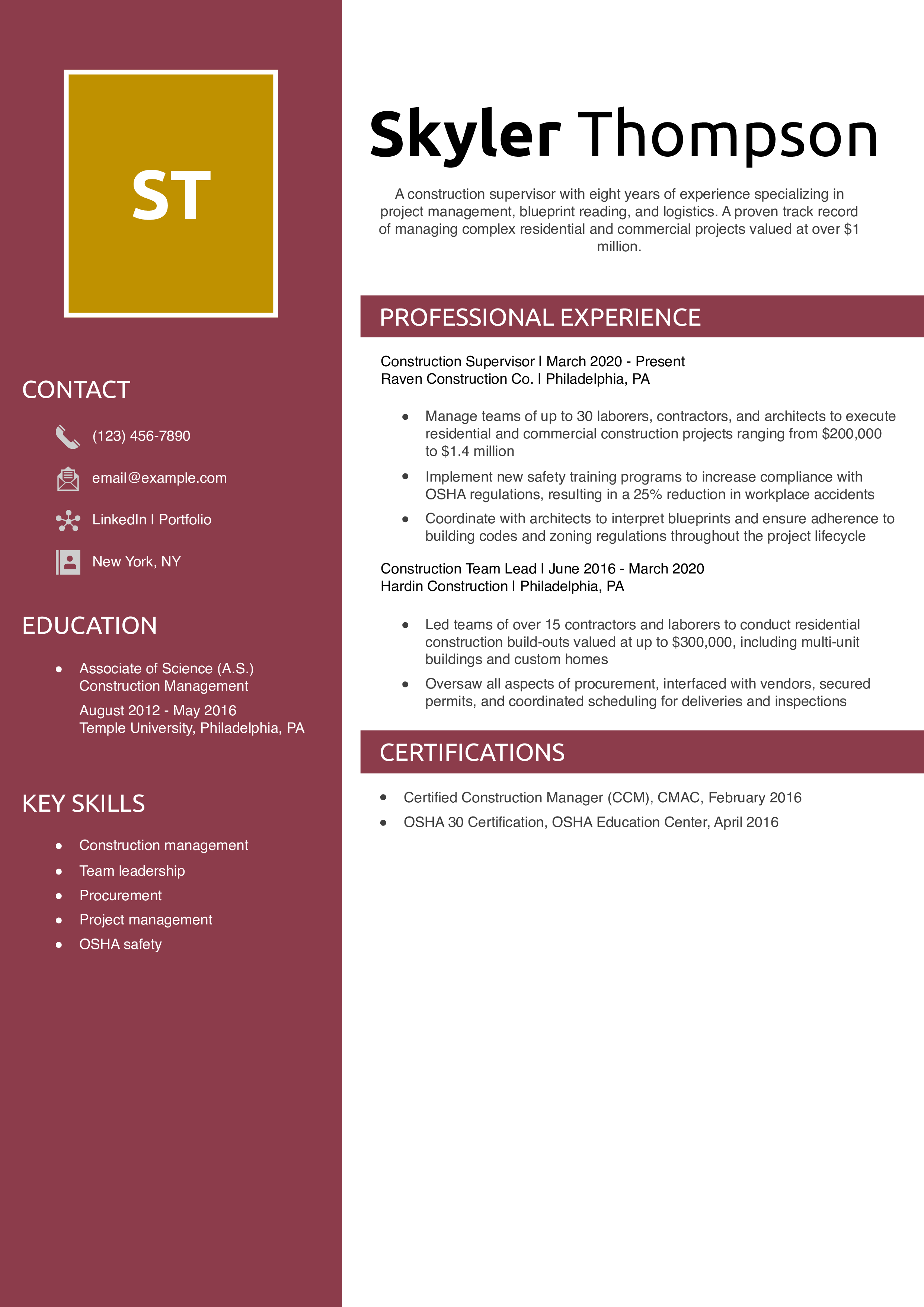 Construction Worker Resume Template